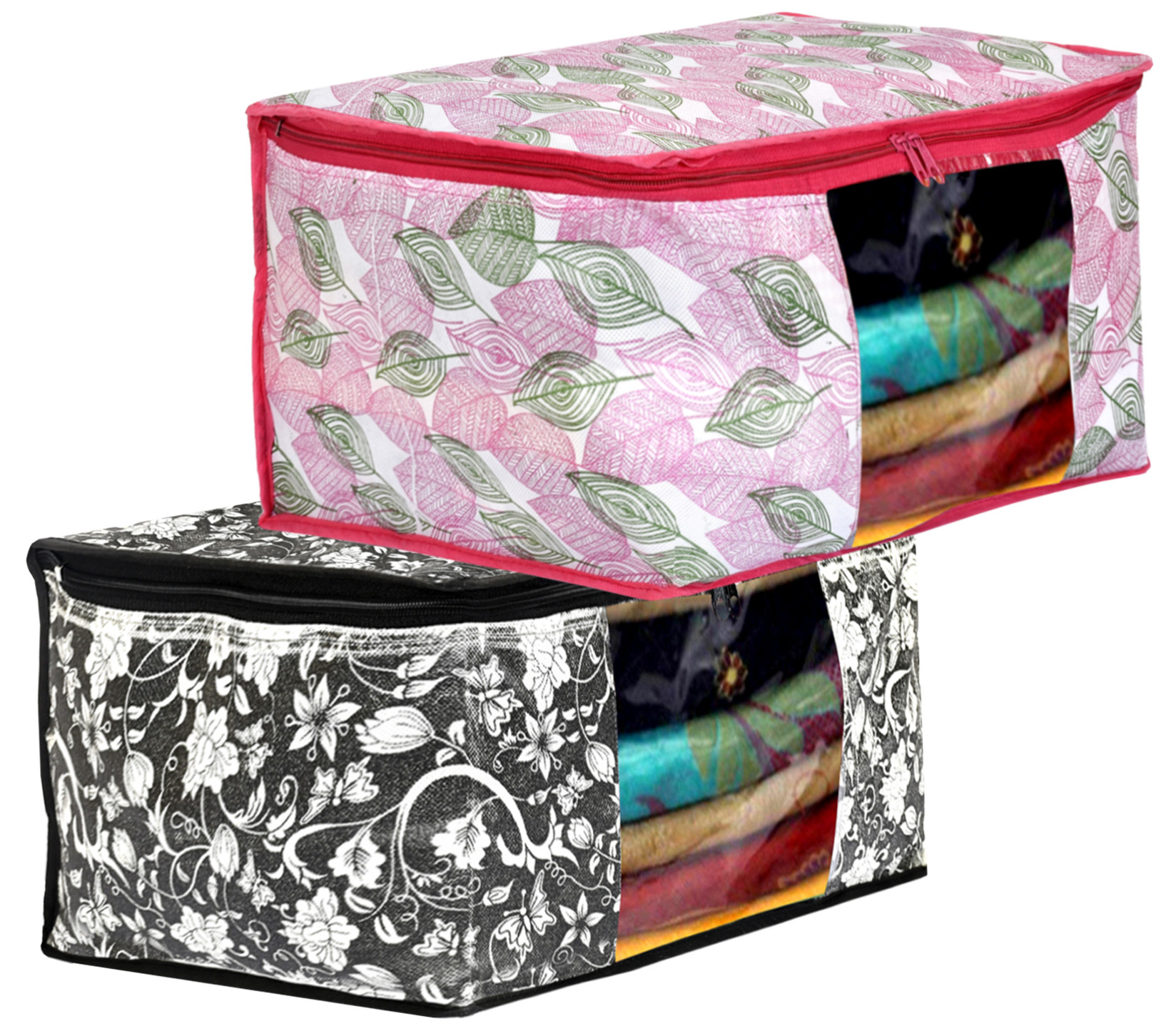 Kuber Industries Metalic Leafy,Flower Print Non Woven Fabric Saree Cover/Clothes Organiser For Wardrobe Set with Transparent Window, Extra Large (Black & Pink)-34_S_KUBMART16547