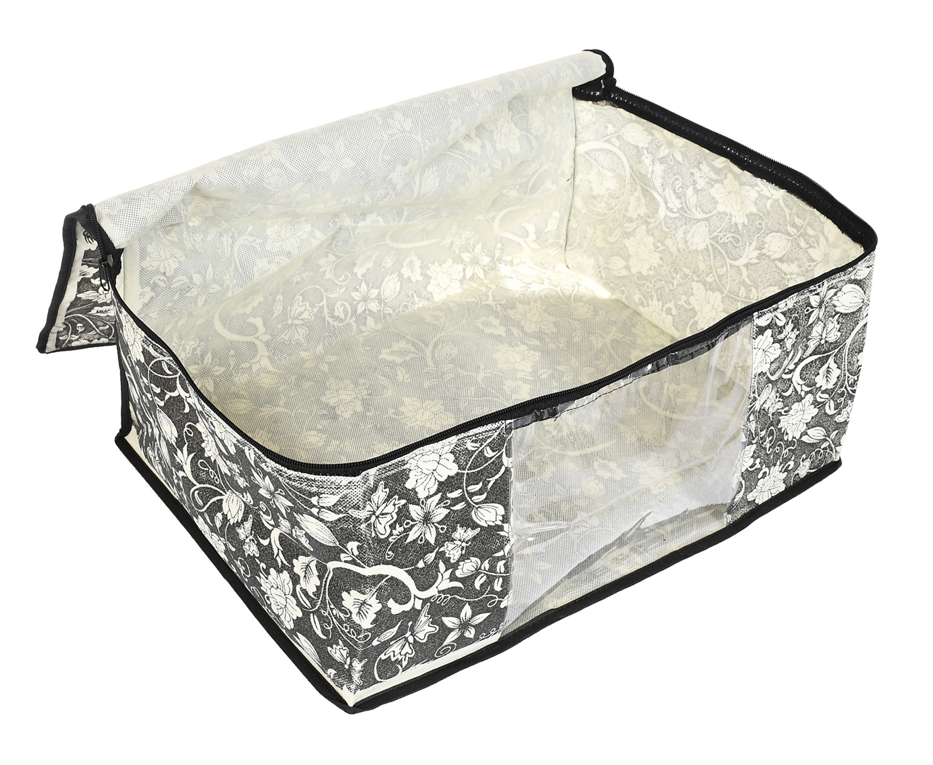 Kuber Industries Metalic Leafy,Flower Print Non Woven Fabric Saree Cover/Clothes Organiser For Wardrobe Set with Transparent Window, Extra Large (Black & Pink)-34_S_KUBMART16547