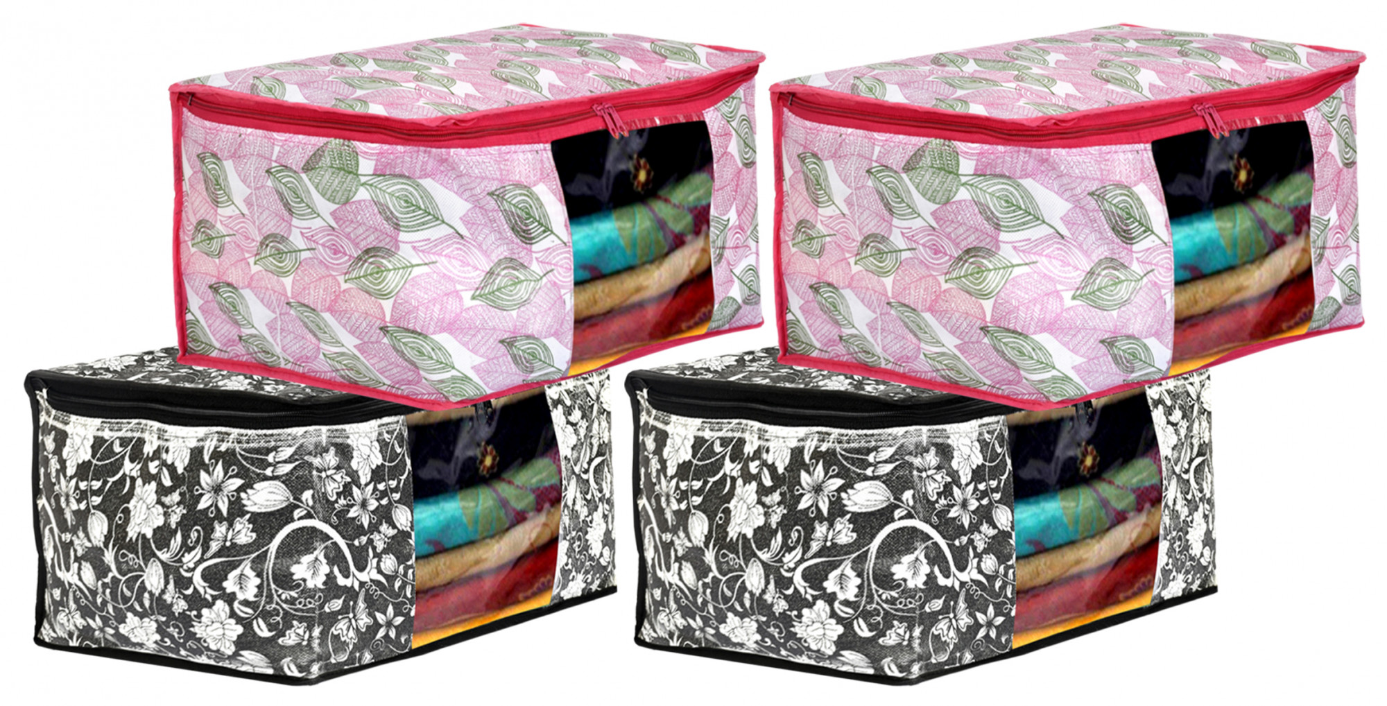 Kuber Industries Metalic Leafy,Flower Print Non Woven Fabric Saree Cover/Clothes Organiser For Wardrobe Set with Transparent Window, Extra Large (Black & Pink)-34_S_KUBMART16547