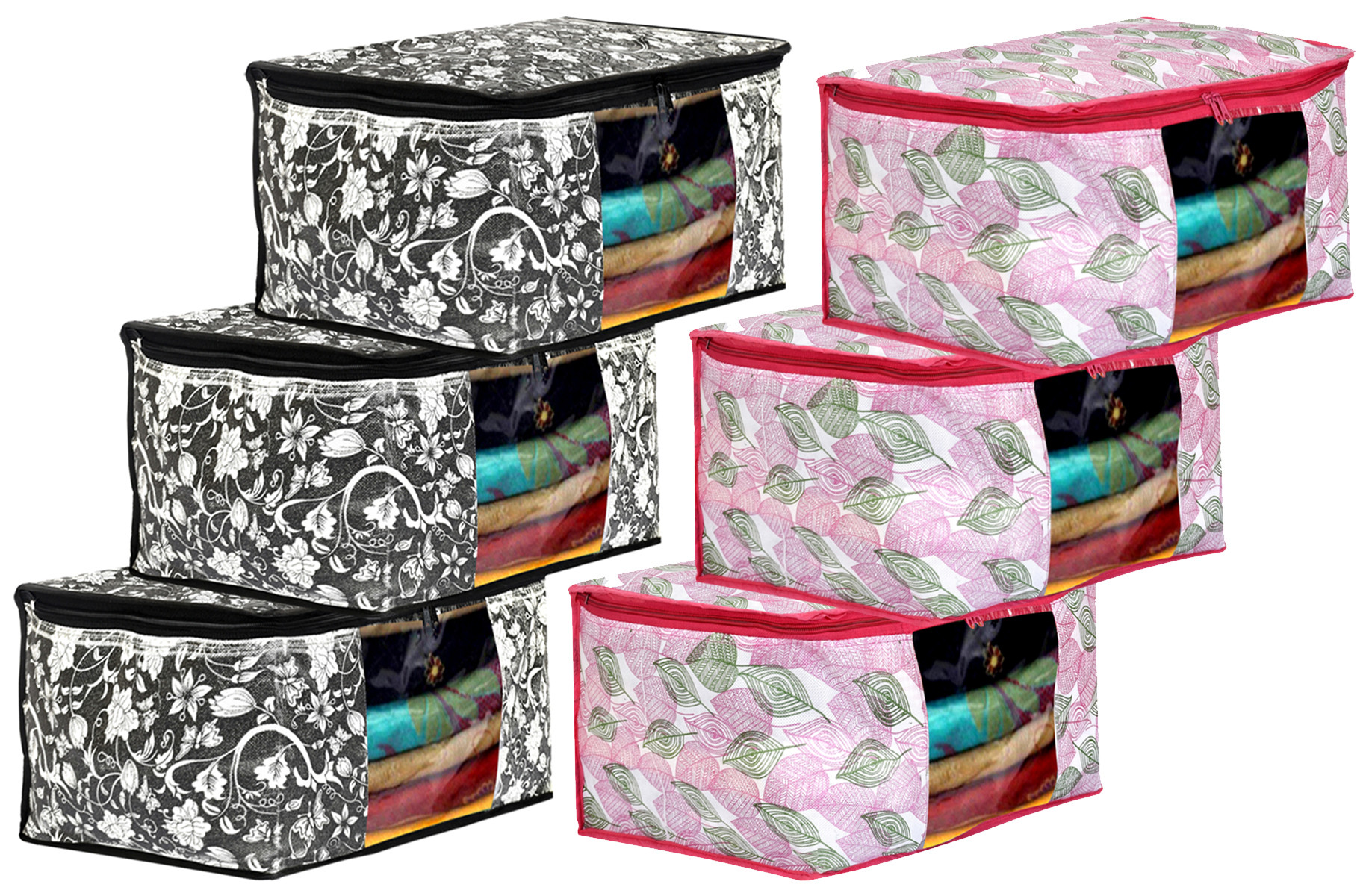 Kuber Industries Metalic Leafy,Flower Print Non Woven Fabric Saree Cover/Clothes Organiser For Wardrobe Set with Transparent Window, Extra Large (Black & Pink)-34_S_KUBMART16547