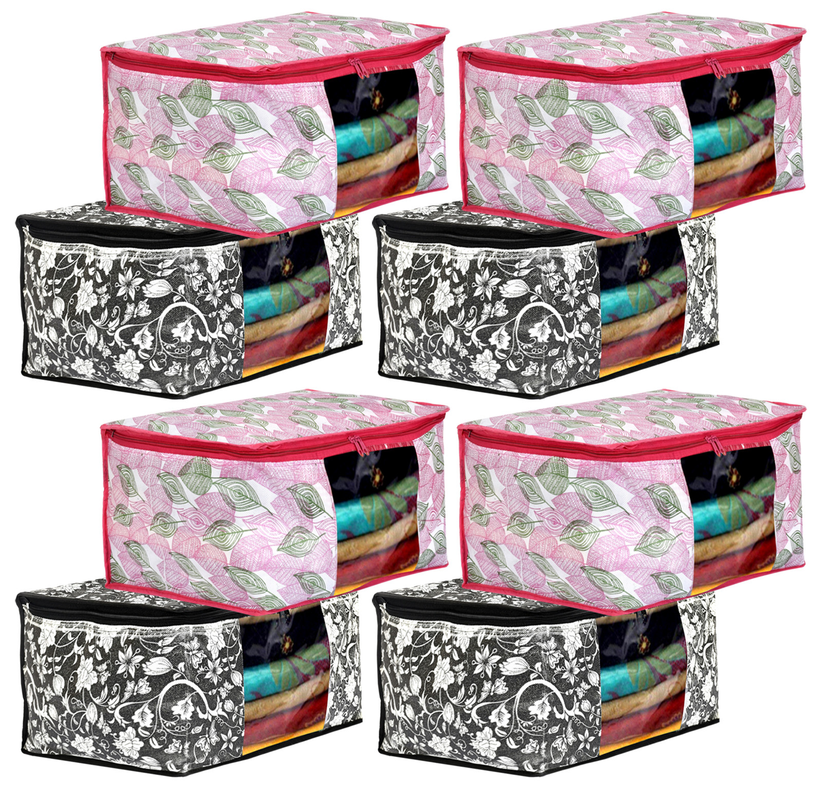 Kuber Industries Metalic Leafy,Flower Print Non Woven Fabric Saree Cover/Clothes Organiser For Wardrobe Set with Transparent Window, Extra Large (Black & Pink)-34_S_KUBMART16547