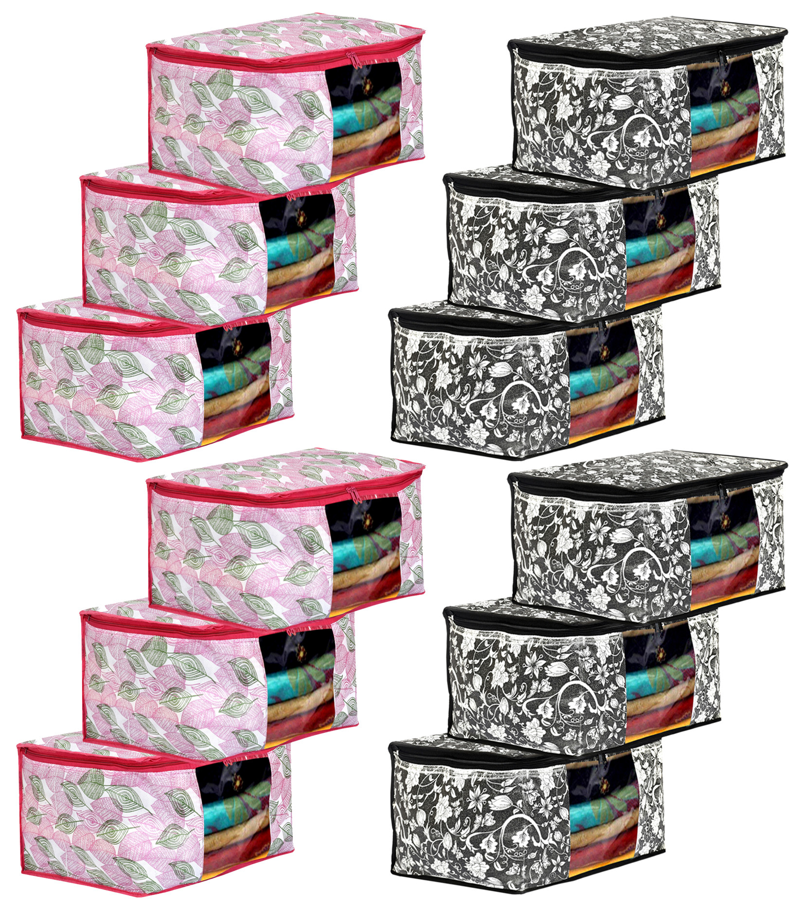Kuber Industries Metalic Leafy,Flower Print Non Woven Fabric Saree Cover/Clothes Organiser For Wardrobe Set with Transparent Window, Extra Large (Black & Pink)-34_S_KUBMART16547