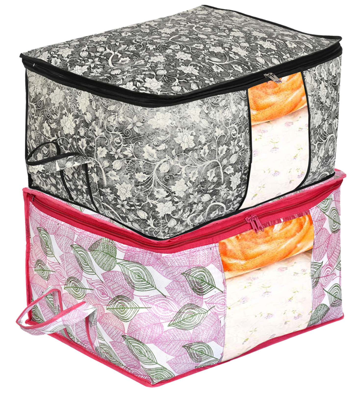 Kuber Industries Metalic Leafy,Flower Print Non Woven Underbed Storage Bag,Cloth Organiser,Blanket Cover with Transparent Window (Pink & Black)-34_S_KUBMART16633