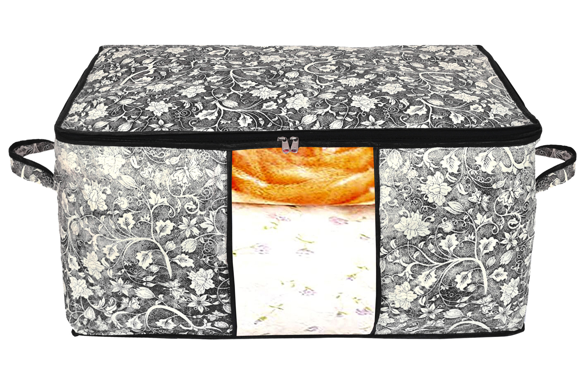 Kuber Industries Metalic Leafy,Flower Print Non Woven Underbed Storage Bag,Cloth Organiser,Blanket Cover with Transparent Window (Pink & Black)-34_S_KUBMART16633