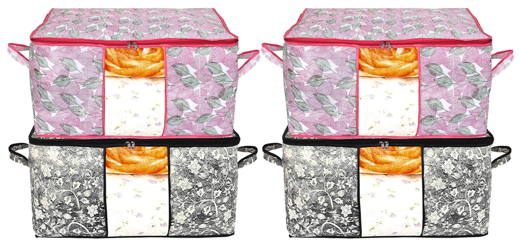 Kuber Industries Metalic Leafy,Flower Print Non Woven Underbed Storage Bag,Cloth Organiser,Blanket Cover with Transparent Window (Pink & Black)-34_S_KUBMART16633