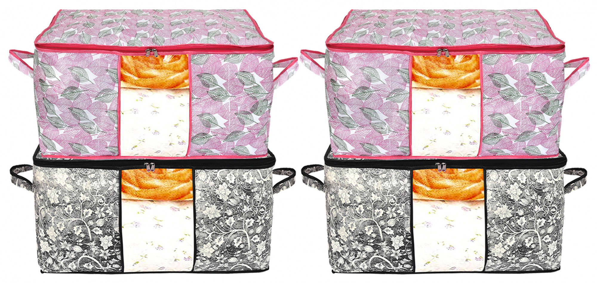 Kuber Industries Metalic Leafy,Flower Print Non Woven Underbed Storage Bag,Cloth Organiser,Blanket Cover with Transparent Window (Pink & Black)-34_S_KUBMART16633