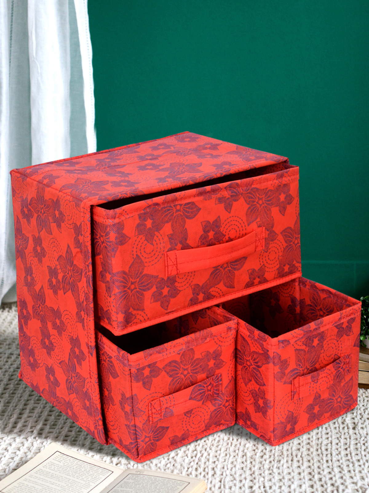 Kuber Industries Metalic Print 2 Layer 3-Drawer Fabric Cube Foldable Storage Organizer Box, Dressing Organizer,Jewellery organizer (Red)-KUBMART2135