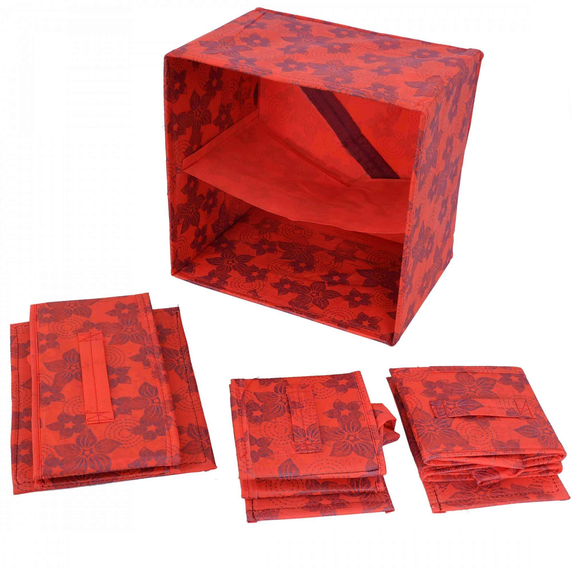 Kuber Industries Metalic Print 2 Layer 3-Drawer Fabric Cube Foldable Storage Organizer Box, Dressing Organizer,Jewellery organizer (Red)-KUBMART2135