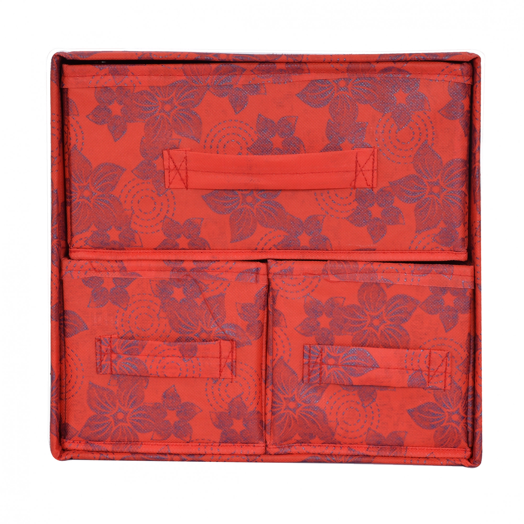 Kuber Industries Metalic Print 2 Layer 3-Drawer Fabric Cube Foldable Storage Organizer Box, Dressing Organizer,Jewellery organizer (Set Of 2, Red)-KUBMART2137