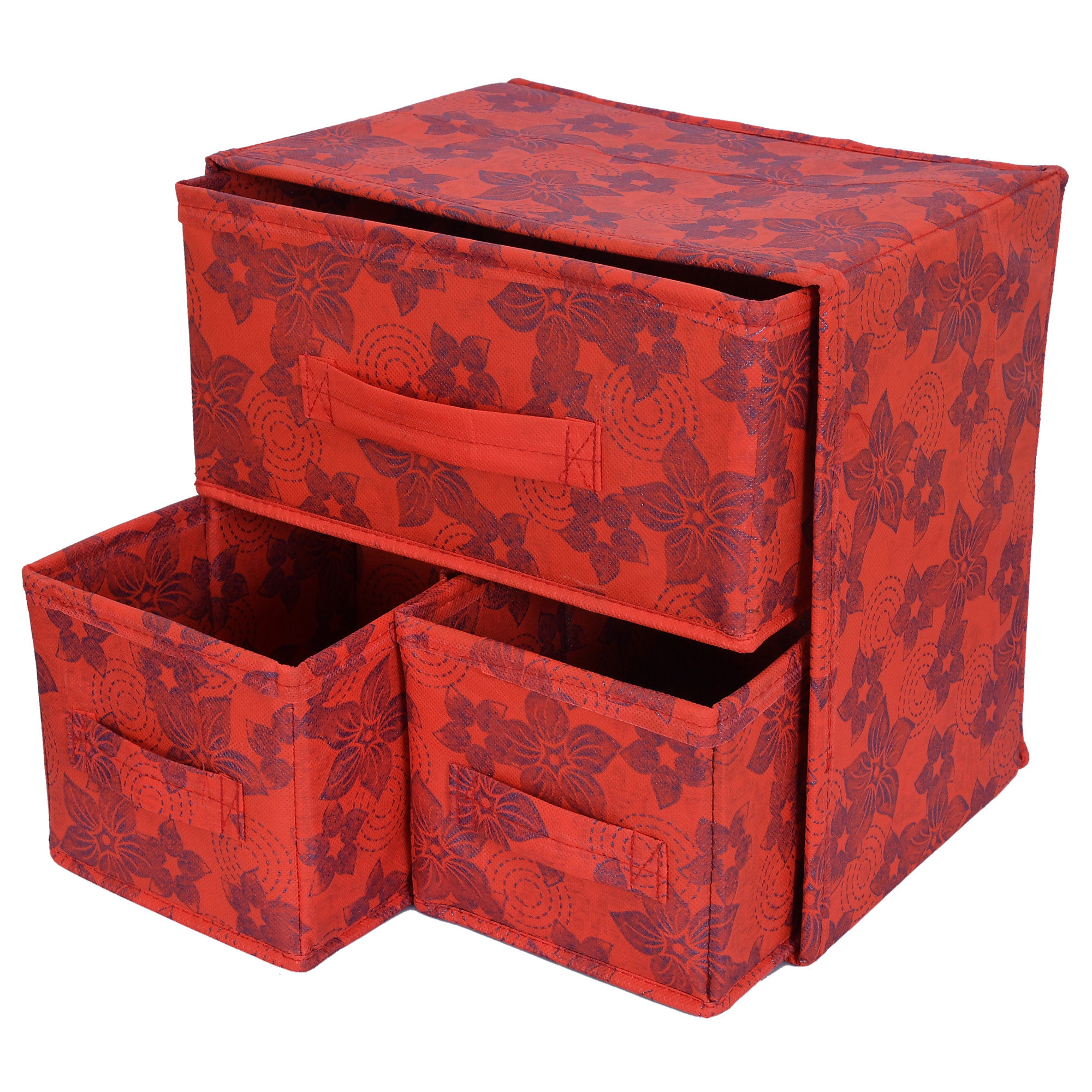 Kuber Industries Metalic Print 2 Layer 3-Drawer Fabric Cube Foldable Storage Organizer Box, Dressing Organizer,Jewellery organizer (Set Of 2, Red)-KUBMART2137
