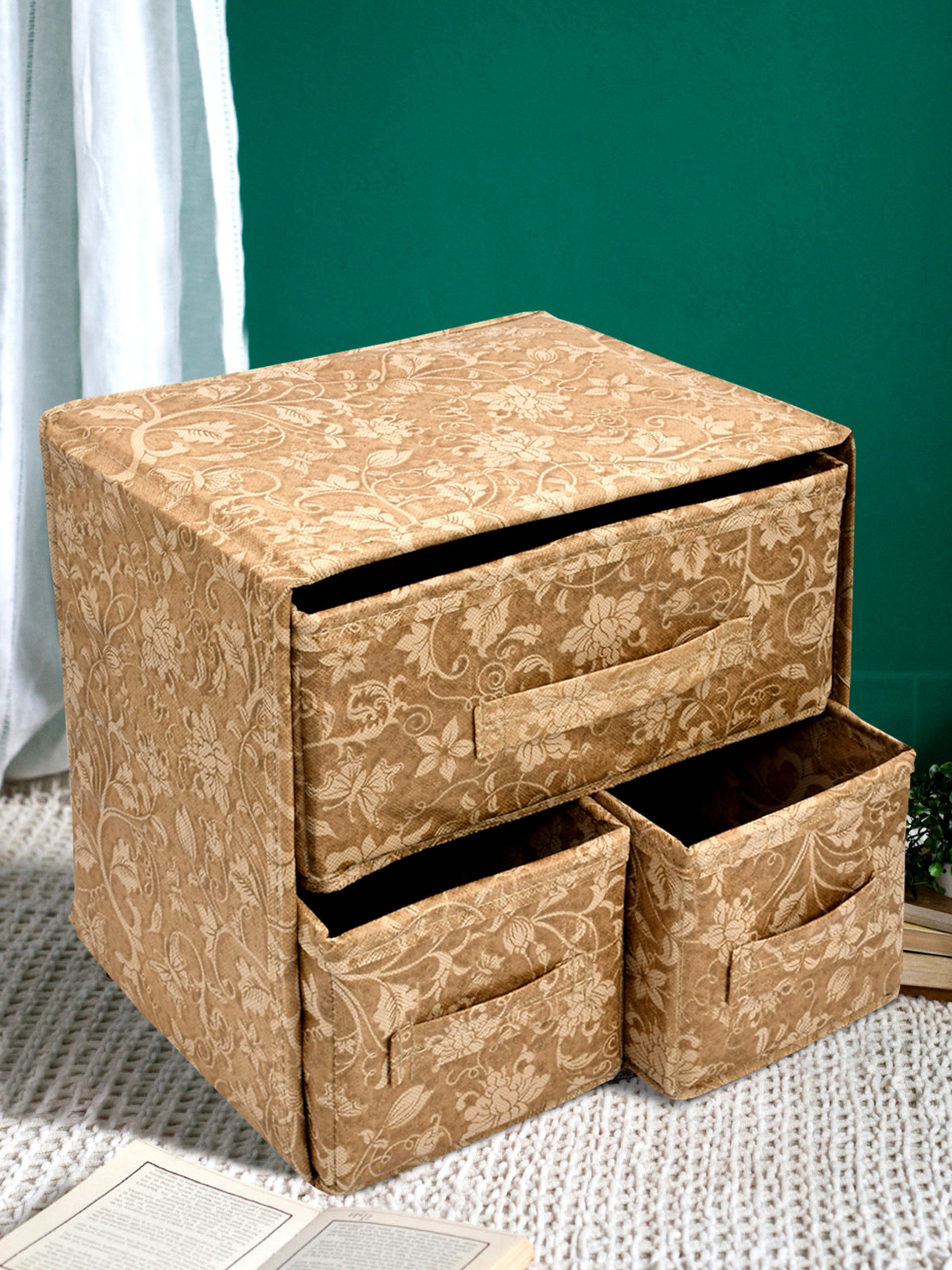 Kuber Industries Metalic Print 2 Layer 3-Drawer Fabric Cube Foldable Storage Organizer Box, Dressing Organizer,Jewellery organizer (Beige)-KUBMART2139