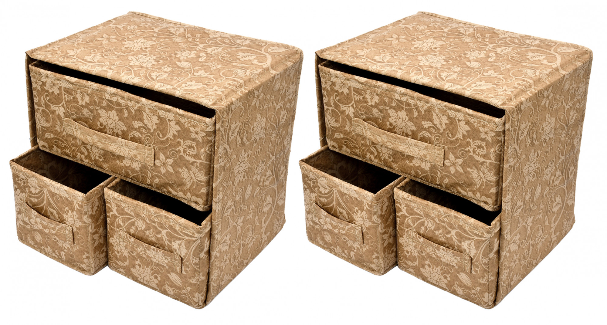 Kuber Industries Metalic Print 2 Layer 3-Drawer Fabric Cube Foldable Storage Organizer Box, Dressing Organizer,Jewellery organizer (Set Of 2, Beige)-KUBMART2141