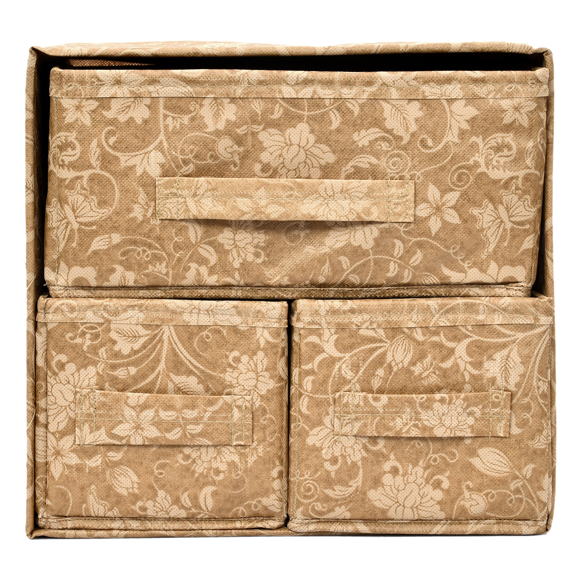 Kuber Industries Metalic Print 2 Layer 3-Drawer Fabric Cube Foldable Storage Organizer Box, Dressing Organizer,Jewellery organizer (Set Of 2, Beige)-KUBMART2141