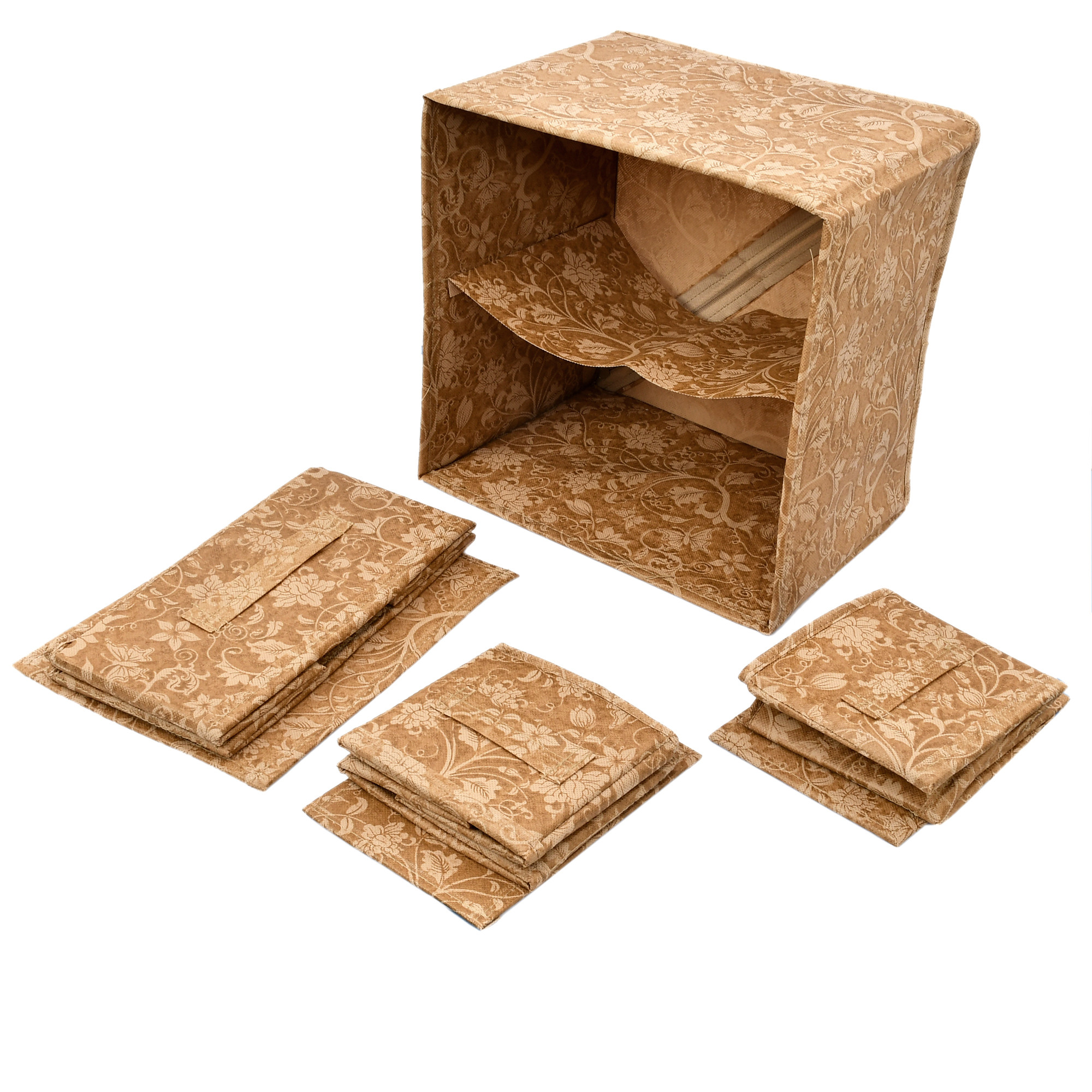 Kuber Industries Metalic Print 2 Layer 3-Drawer Fabric Cube Foldable Storage Organizer Box, Dressing Organizer,Jewellery organizer (Set Of 2, Beige)-KUBMART2141