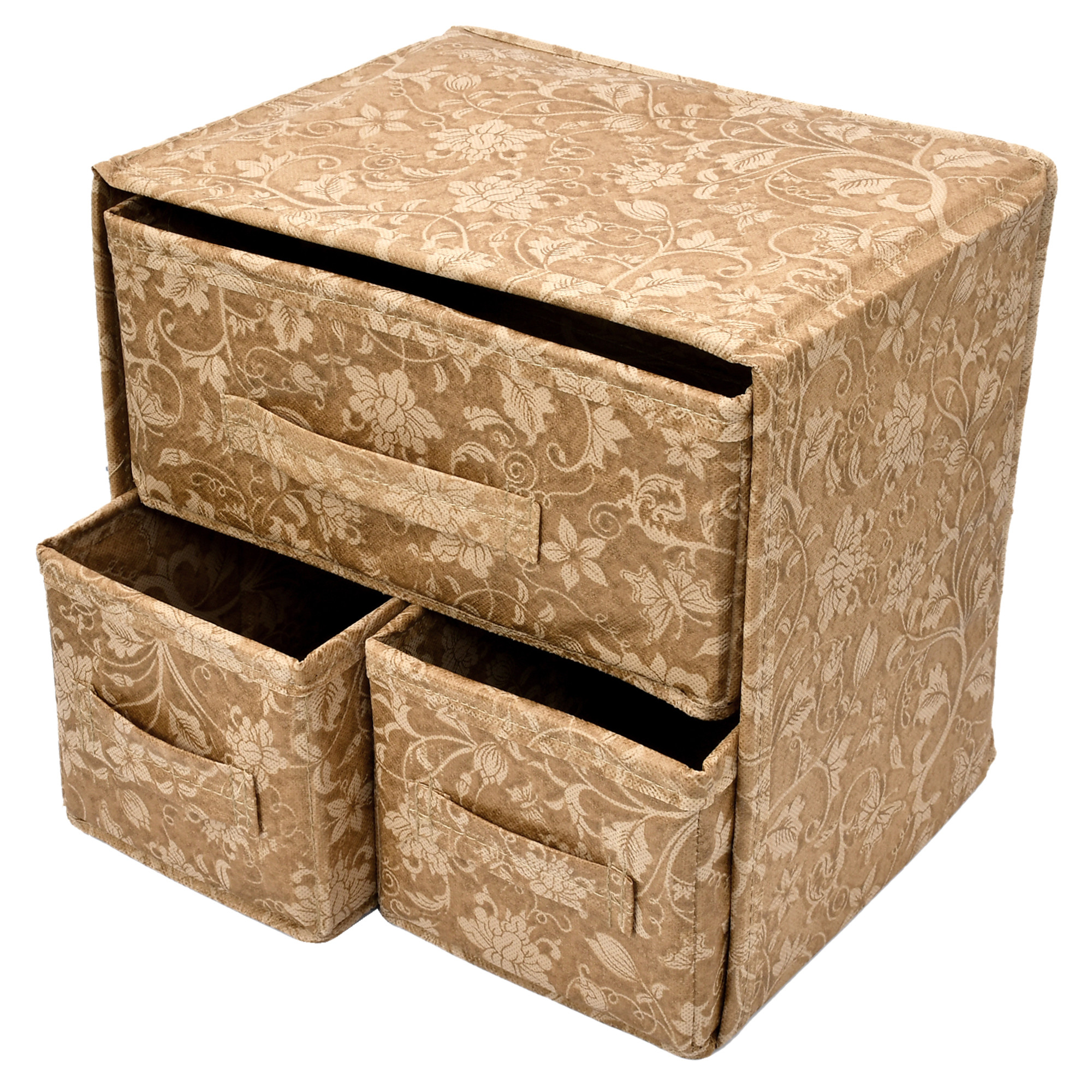 Kuber Industries Metalic Print 2 Layer 3-Drawer Fabric Cube Foldable Storage Organizer Box, Dressing Organizer,Jewellery organizer (Set Of 2, Beige)-KUBMART2141