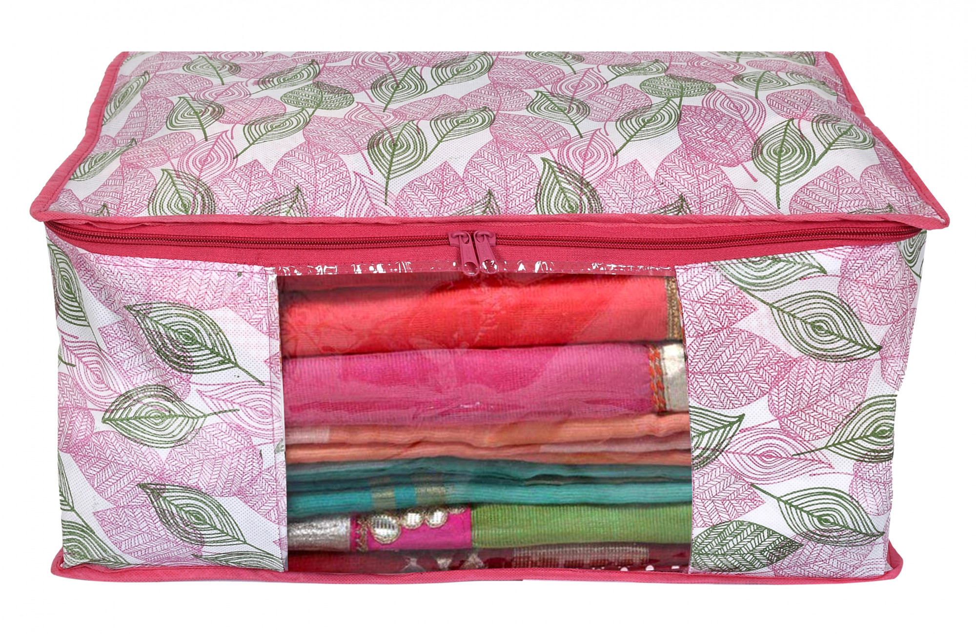 Kuber Industries Metalic Print Non Woven Fabric Saree Cover/Clothes Organiser For Wardrobe Set with Transparent Window, Extra Large (Ivory & Black & Pink)-34_S_KUBMART16549