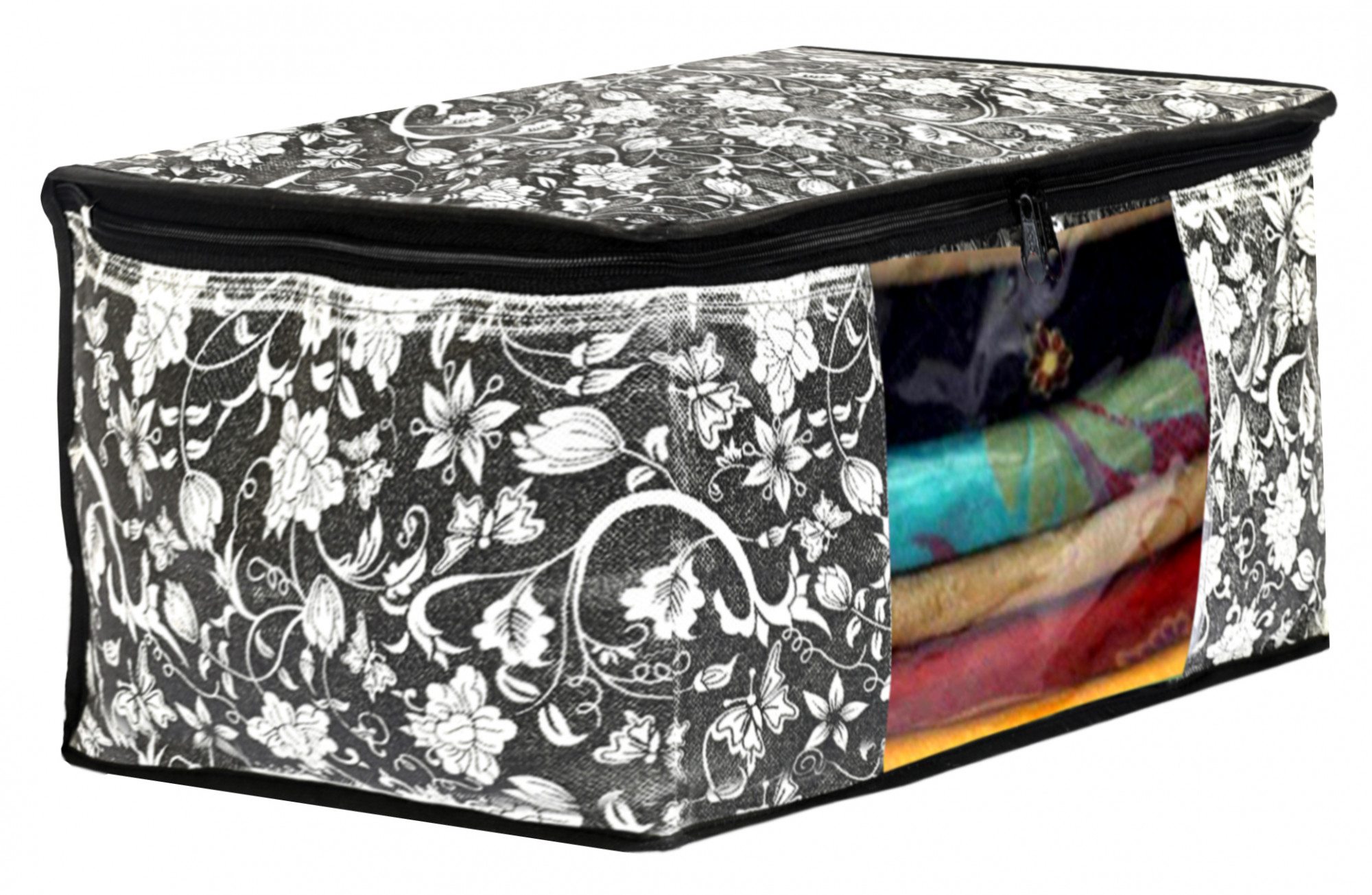Kuber Industries Metalic Print Non Woven Fabric Saree Cover/Clothes Organiser For Wardrobe Set with Transparent Window, Extra Large (Ivory & Black & Pink)-34_S_KUBMART16549