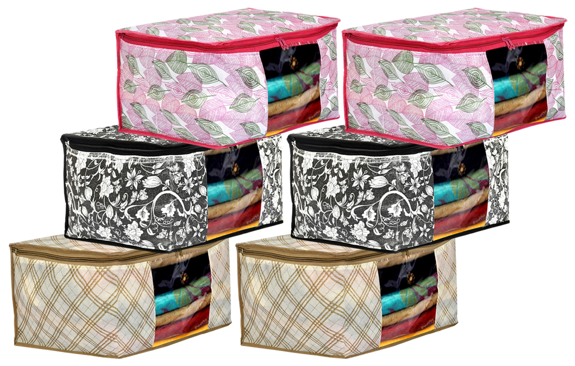 Kuber Industries Metalic Print Non Woven Fabric Saree Cover/Clothes Organiser For Wardrobe Set with Transparent Window, Extra Large (Ivory & Black & Pink)-34_S_KUBMART16549