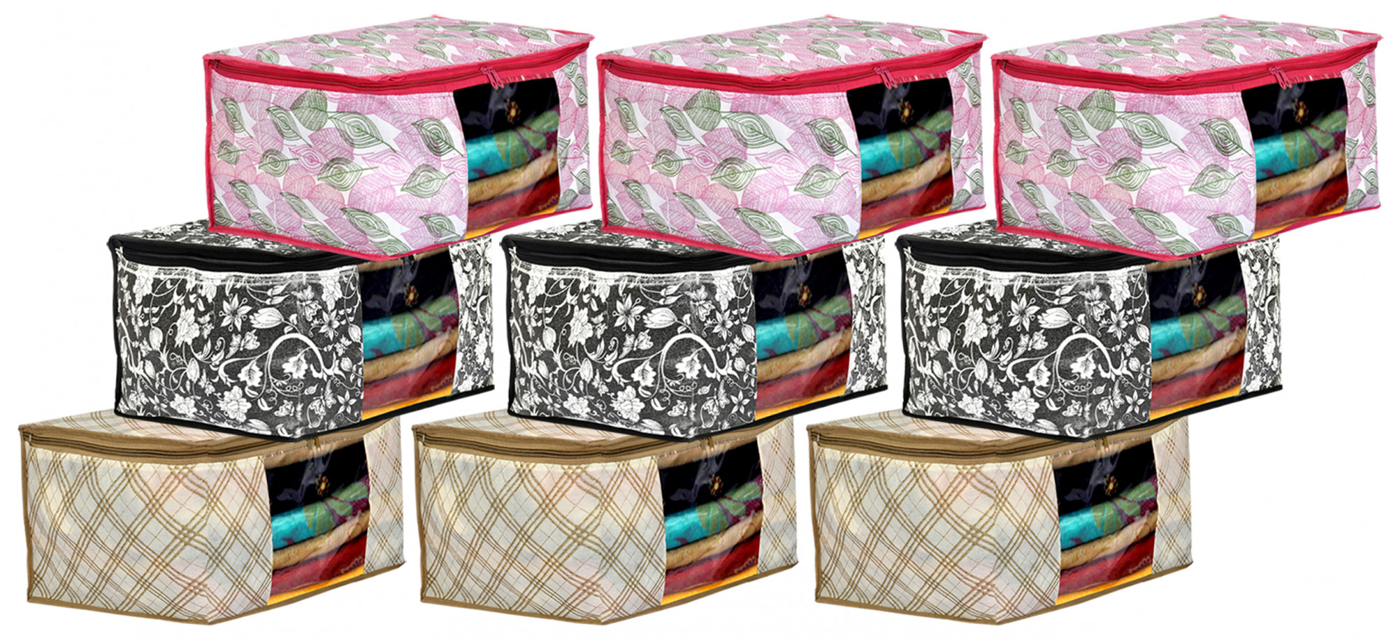 Kuber Industries Metalic Print Non Woven Fabric Saree Cover/Clothes Organiser For Wardrobe Set with Transparent Window, Extra Large (Ivory & Black & Pink)-34_S_KUBMART16549