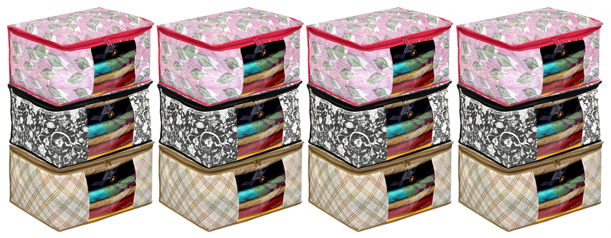 Kuber Industries Metalic Print Non Woven Fabric Saree Cover/Clothes Organiser For Wardrobe Set with Transparent Window, Extra Large (Ivory & Black & Pink)-34_S_KUBMART16549