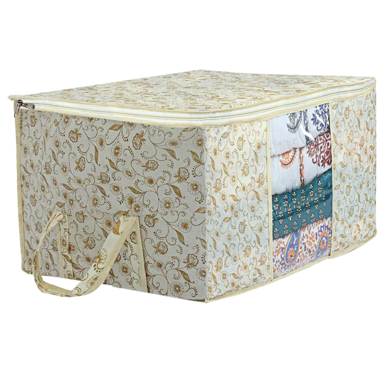 Kuber Industries Metalic Printed 3 Piece Non Woven Fabric Underbed Storage Bag,Cloth Organiser,Blanket Cover with Transparent Window, Red & Beige & Brown -CTKTC41073