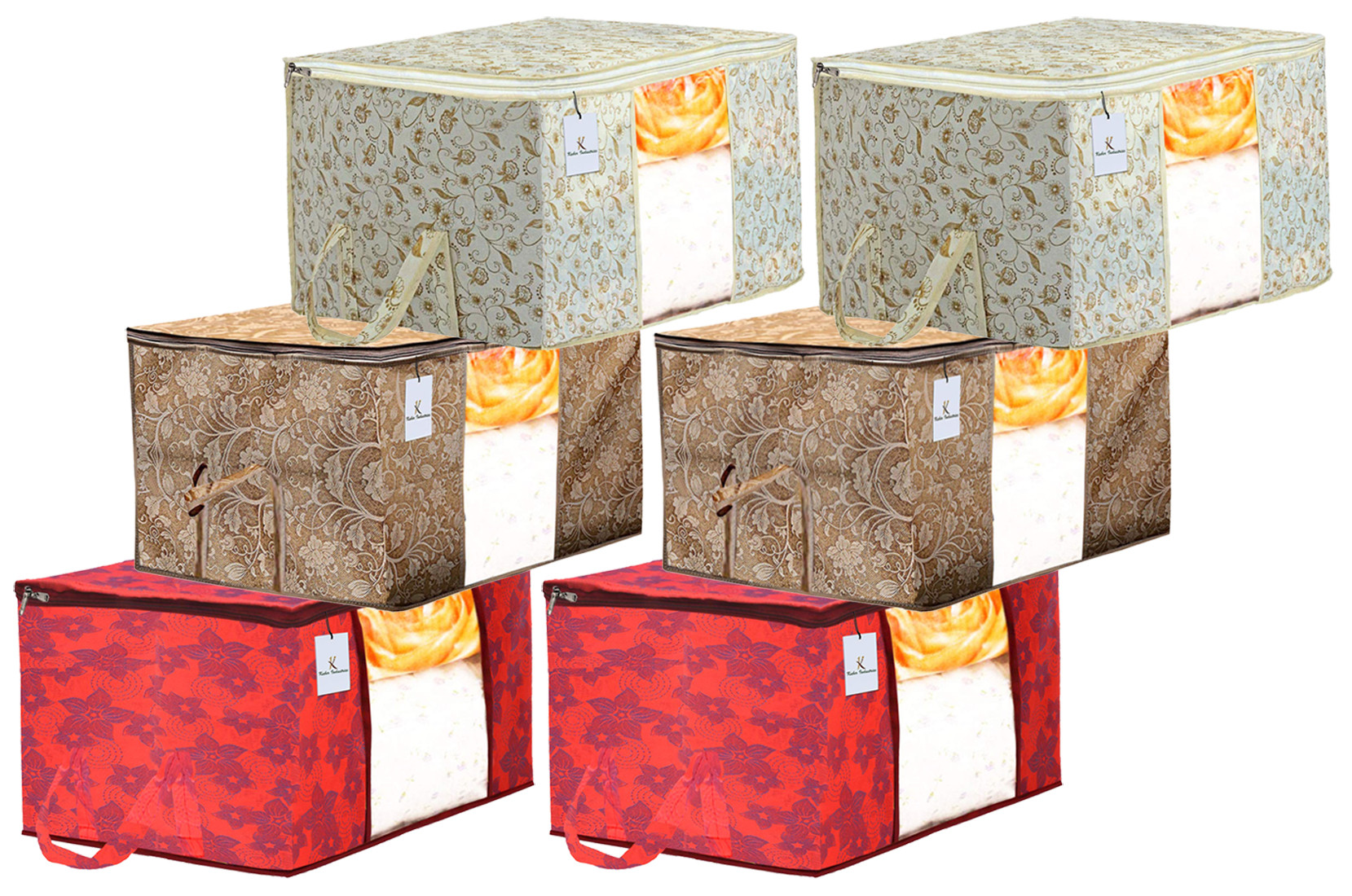 Kuber Industries Metalic Printed 3 Piece Non Woven Fabric Underbed Storage Bag,Cloth Organiser,Blanket Cover with Transparent Window, Red & Beige & Brown -CTKTC41073