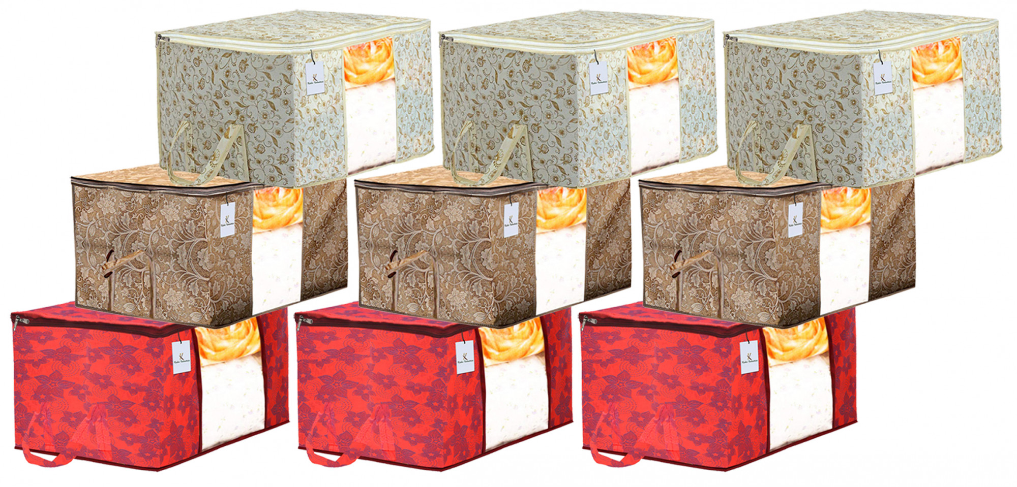 Kuber Industries Metalic Printed 3 Piece Non Woven Fabric Underbed Storage Bag,Cloth Organiser,Blanket Cover with Transparent Window, Red & Beige & Brown -CTKTC41073
