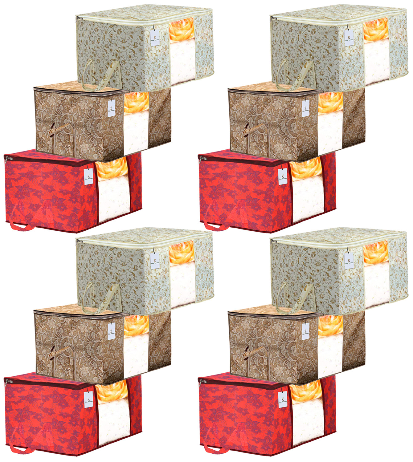 Kuber Industries Metalic Printed 3 Piece Non Woven Fabric Underbed Storage Bag,Cloth Organiser,Blanket Cover with Transparent Window, Red & Beige & Brown -CTKTC41073