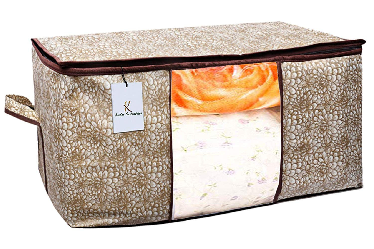 Kuber Industries Metalic Printed 3 Piece Non Woven Fabric Underbed Storage Bag,Cloth Organiser,Blanket Cover with Transparent Window, Brown & Golden Brown & Ivory Red -CTKTC41075