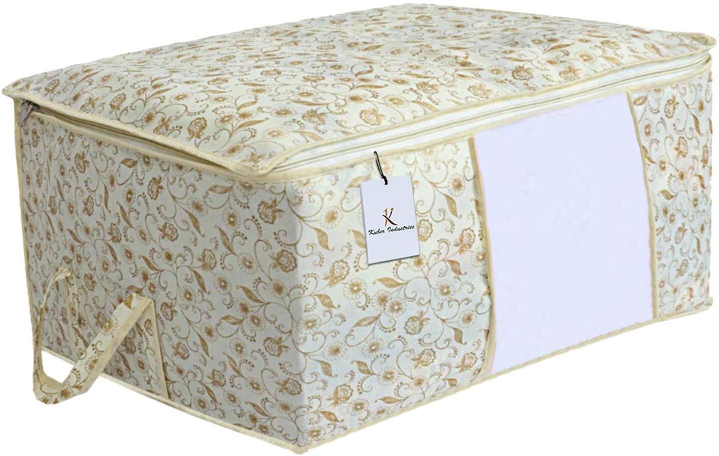 Kuber Industries Metalic Printed 3 Piece Non Woven Fabric Underbed Storage Bag,Cloth Organiser,Blanket Cover with Transparent Window, Brown & Golden Brown & Ivory Red -CTKTC41075