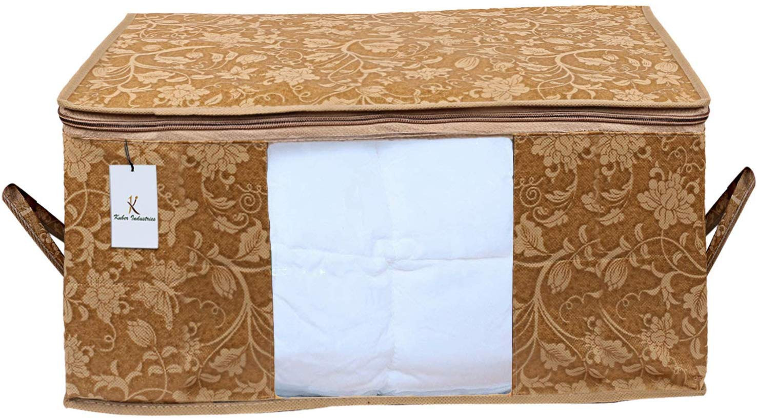 Kuber Industries Metalic Printed 3 Piece Non Woven Fabric Underbed Storage Bag,Cloth Organiser,Blanket Cover with Transparent Window, Gold & Red & Beige -CTKTC41077