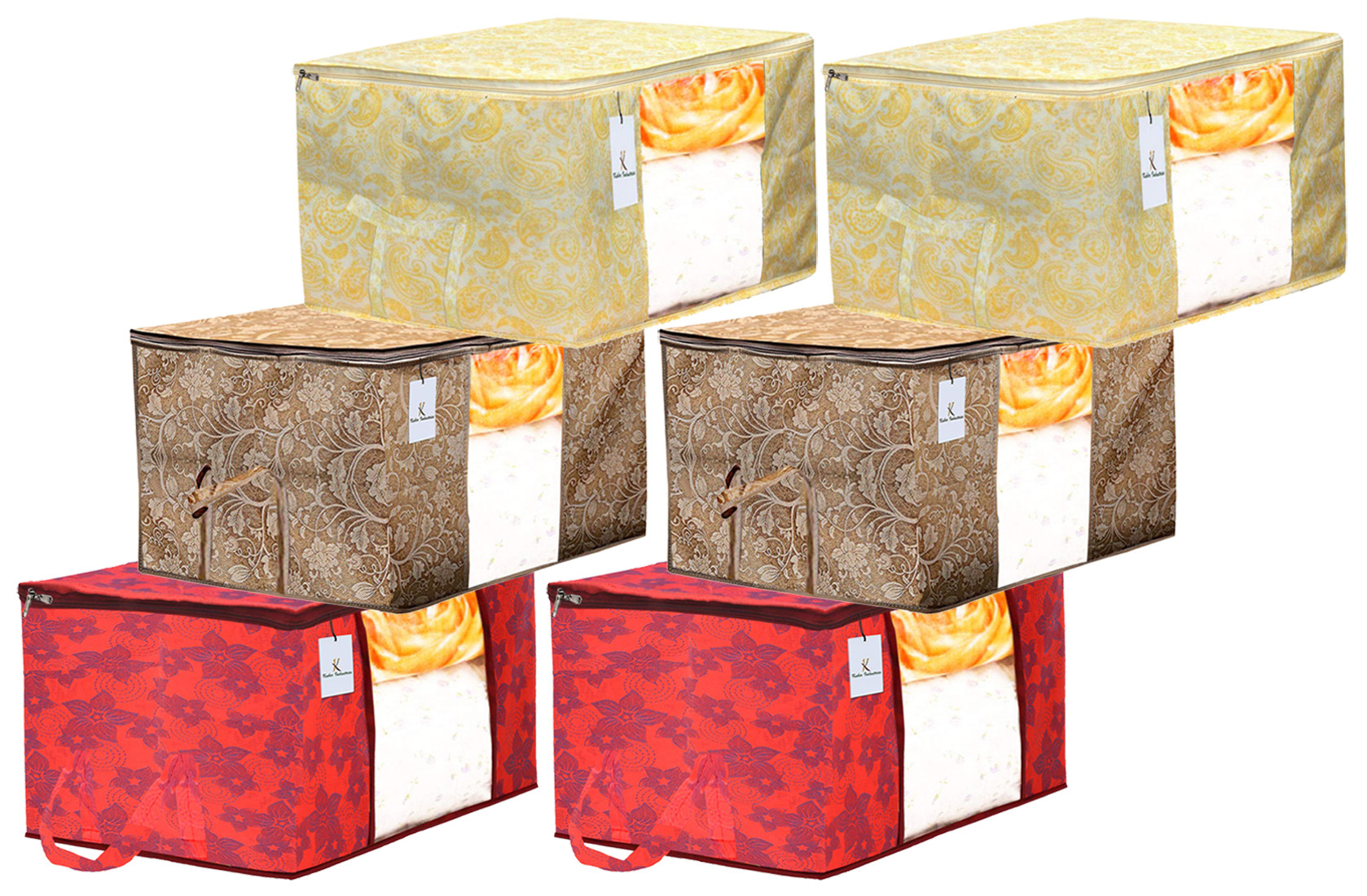 Kuber Industries Metalic Printed 3 Piece Non Woven Fabric Underbed Storage Bag,Cloth Organiser,Blanket Cover with Transparent Window, Gold & Red & Beige -CTKTC41077