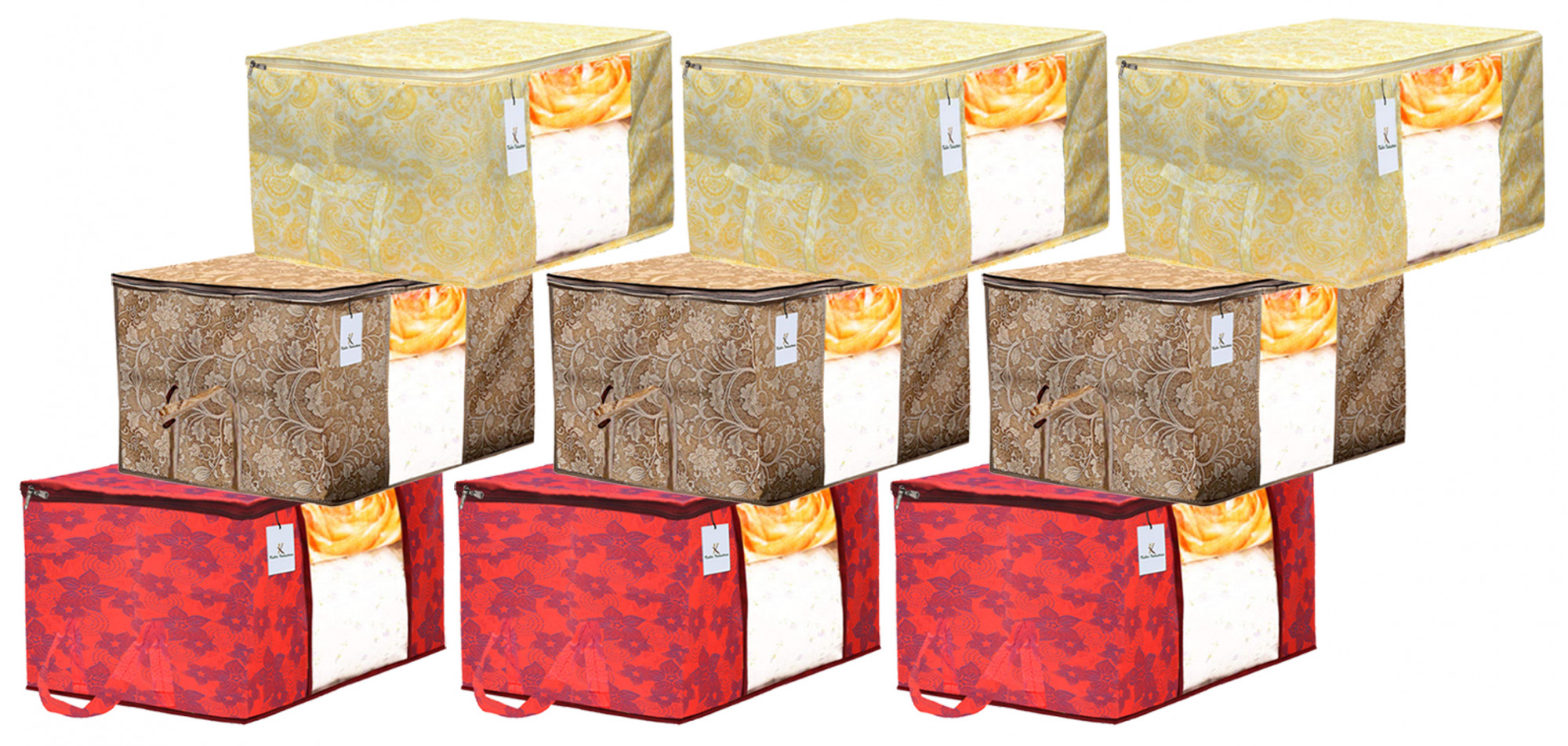 Kuber Industries Metalic Printed 3 Piece Non Woven Fabric Underbed Storage Bag,Cloth Organiser,Blanket Cover with Transparent Window, Gold & Red & Beige -CTKTC41077