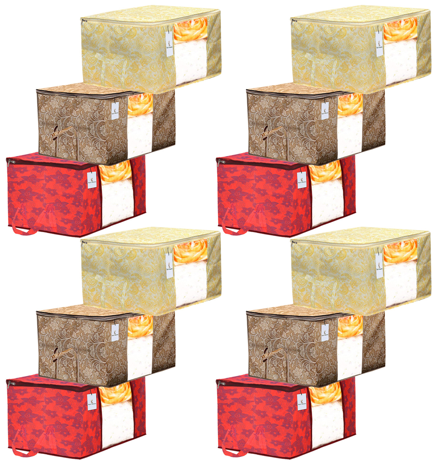 Kuber Industries Metalic Printed 3 Piece Non Woven Fabric Underbed Storage Bag,Cloth Organiser,Blanket Cover with Transparent Window, Gold & Red & Beige -CTKTC41077