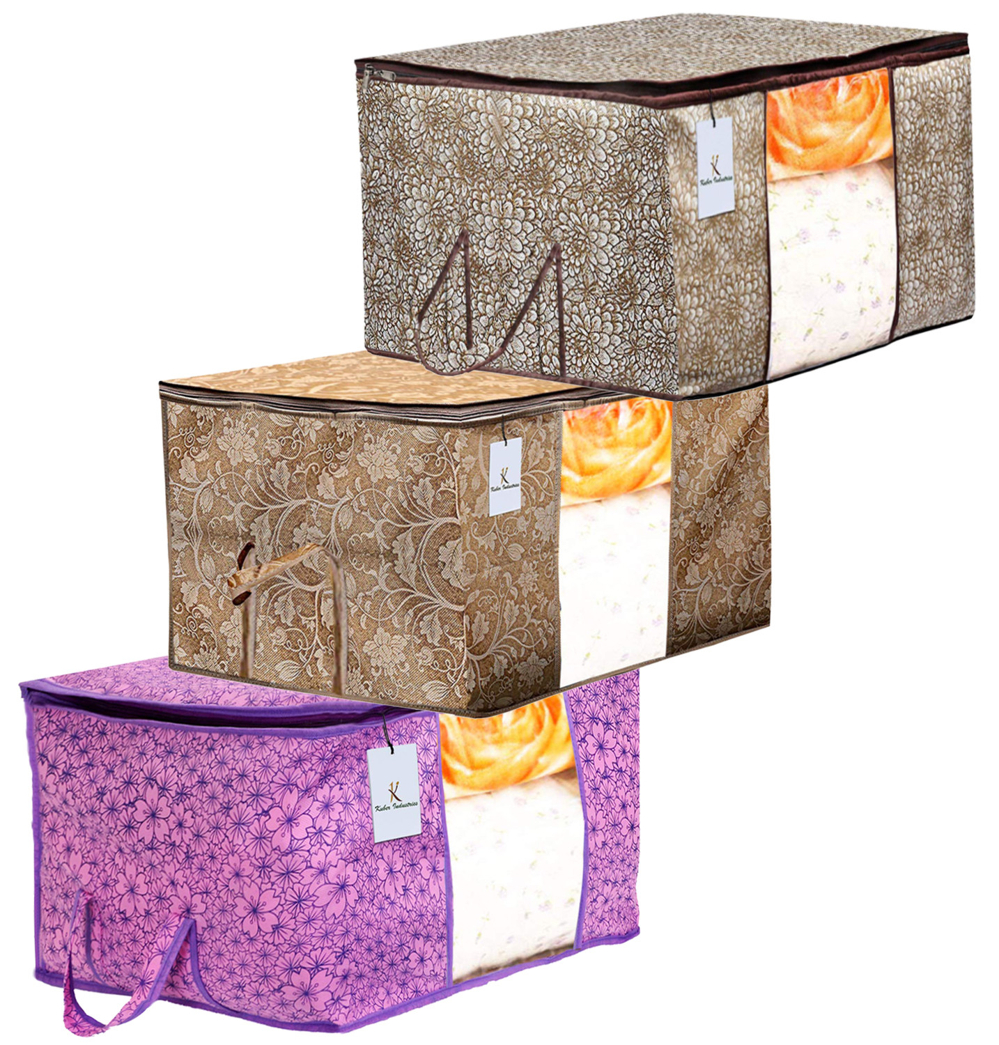 Kuber Industries Metalic Printed 3 Piece Non Woven Fabric Underbed Storage Bag,Cloth Organiser,Blanket Cover with Transparent Window, Pink Purple & Golden Brown & Beige -CTKTC41079