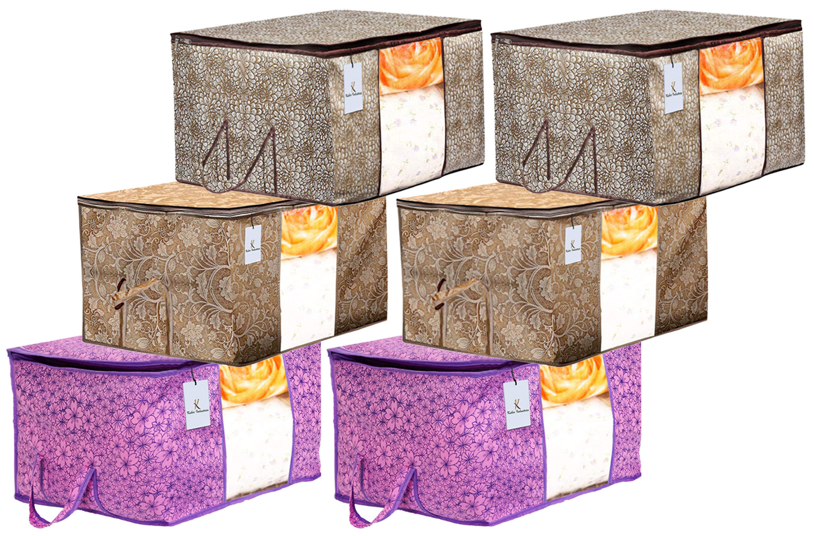 Kuber Industries Metalic Printed 3 Piece Non Woven Fabric Underbed Storage Bag,Cloth Organiser,Blanket Cover with Transparent Window, Pink Purple & Golden Brown & Beige -CTKTC41079
