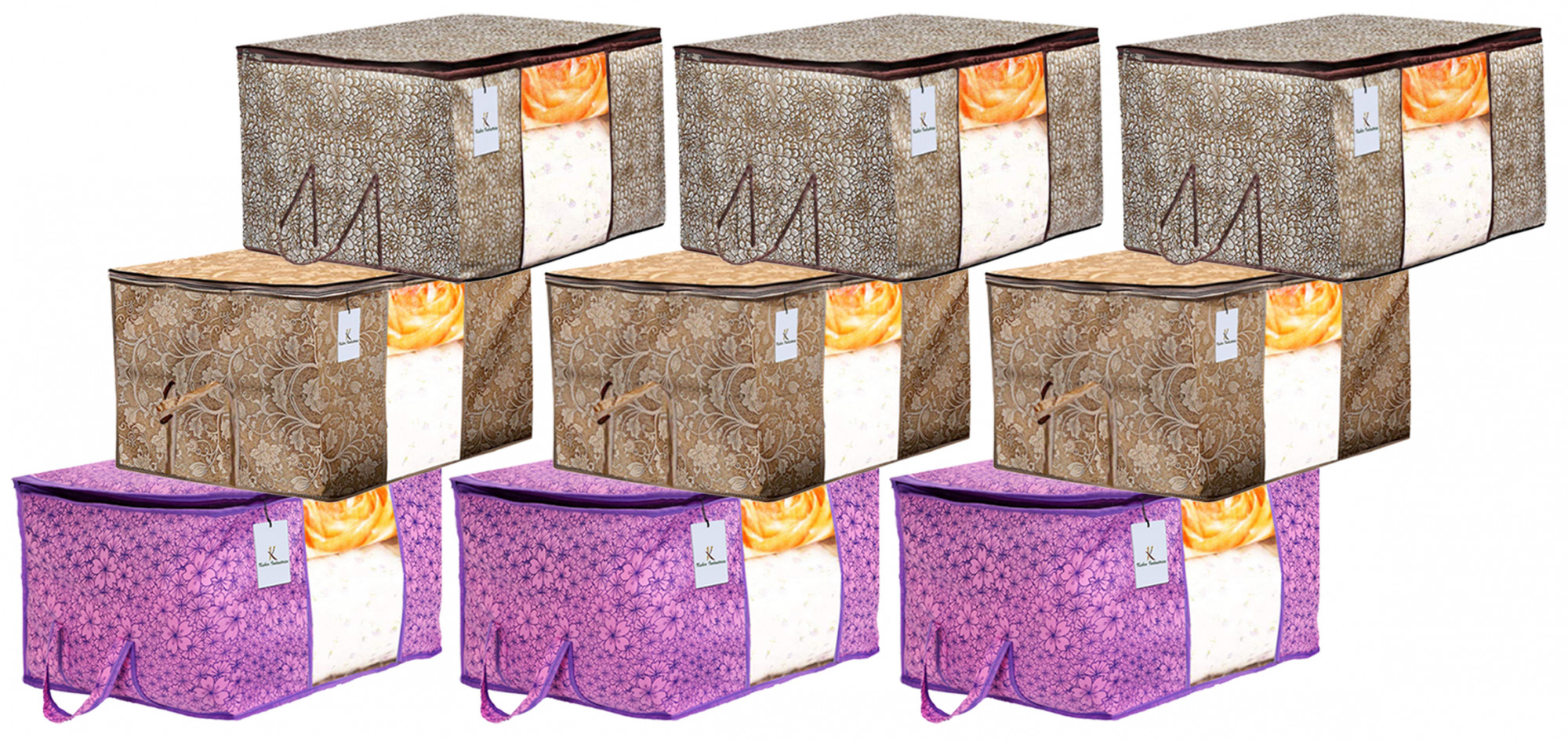 Kuber Industries Metalic Printed 3 Piece Non Woven Fabric Underbed Storage Bag,Cloth Organiser,Blanket Cover with Transparent Window, Pink Purple & Golden Brown & Beige -CTKTC41079