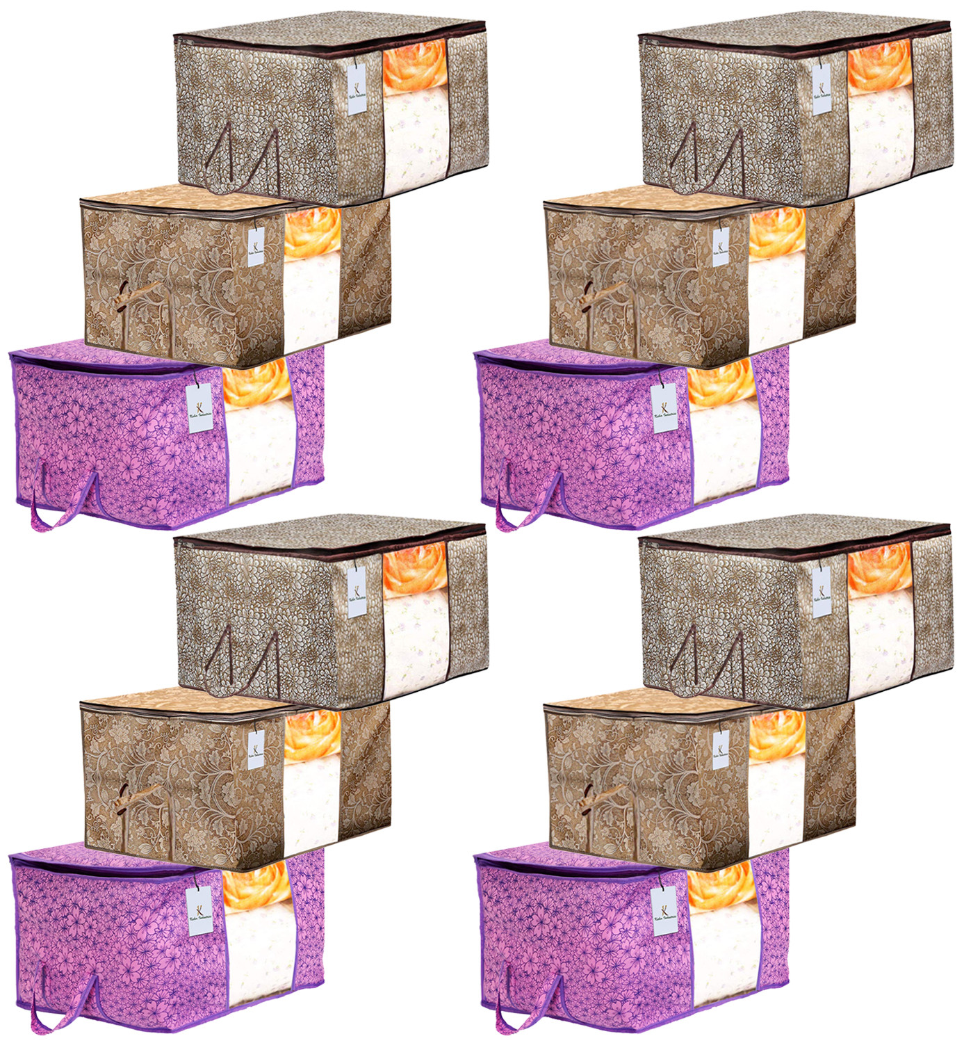 Kuber Industries Metalic Printed 3 Piece Non Woven Fabric Underbed Storage Bag,Cloth Organiser,Blanket Cover with Transparent Window, Pink Purple & Golden Brown & Beige -CTKTC41079