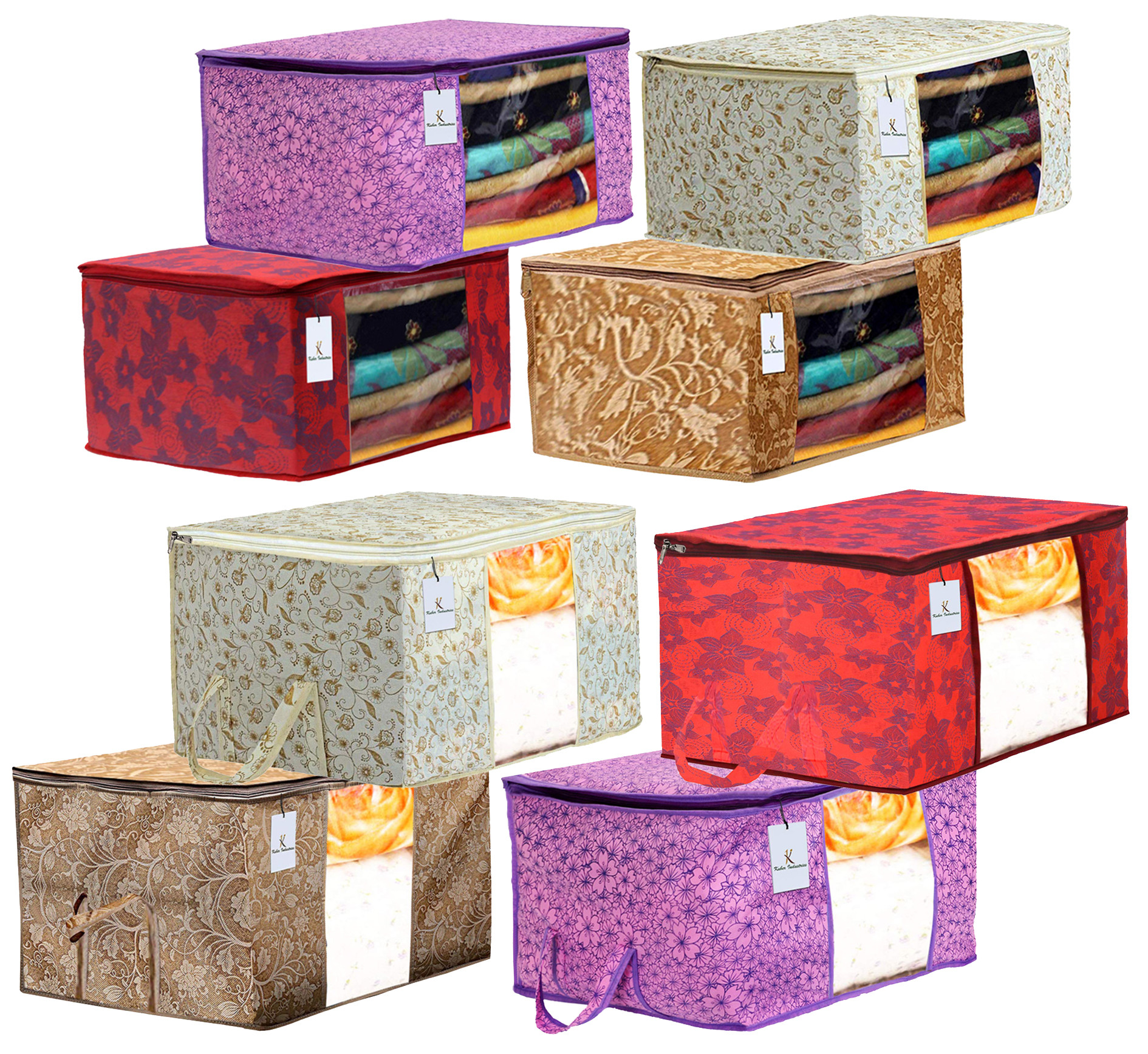 Kuber Industries Metalic Printed 4 Piece Non Woven Saree Cover And 4 Pieces Underbed Storage Bag, Storage Organiser, Blanket Cover, Red & Beige & Pink Purple & Brown  -CTKTC42445