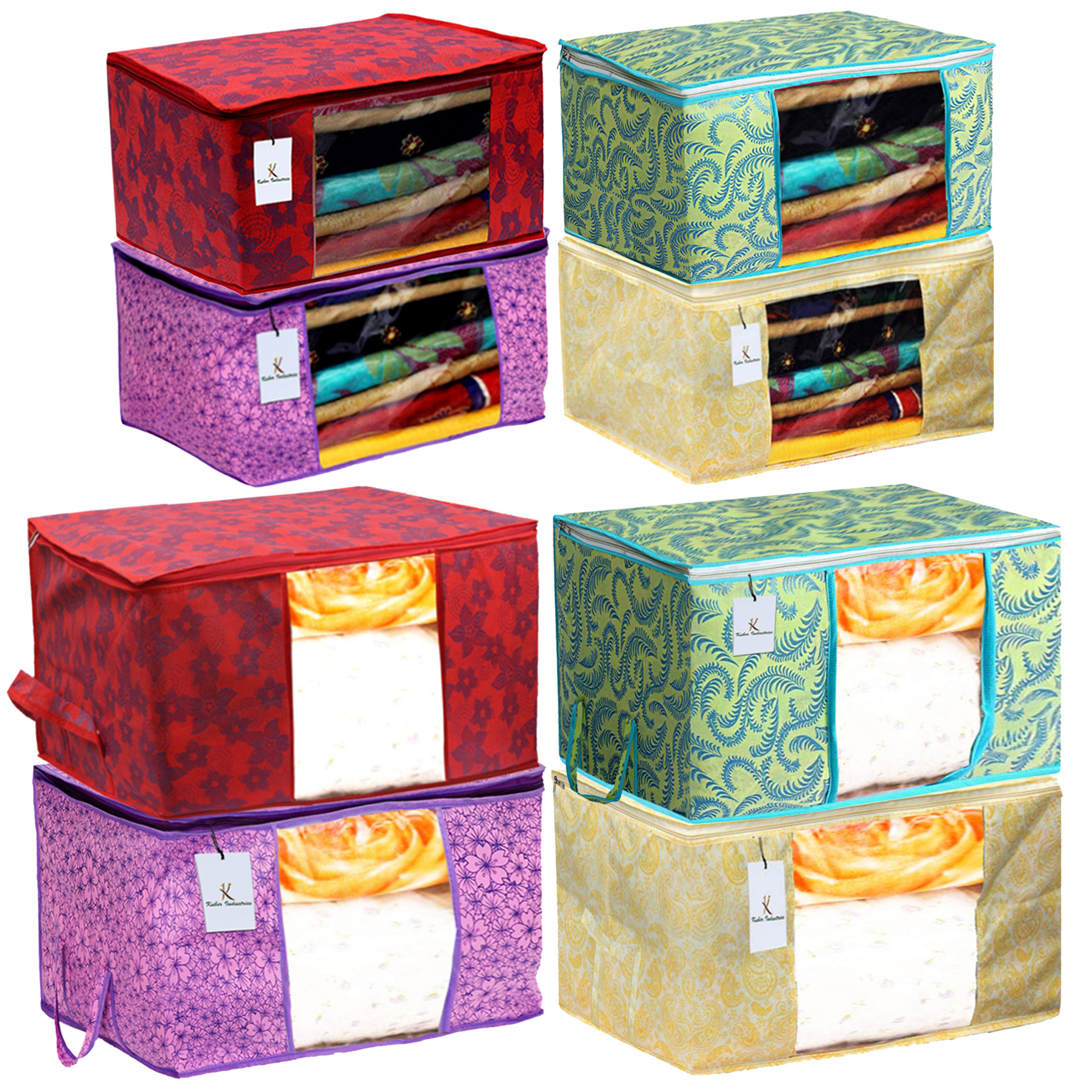 Kuber Industries Metalic Printed 4 Piece Non Woven Saree Cover And 4 Pieces Underbed Storage Bag, Storage Organiser, Blanket Cover, Green & Gold & Red & Pink Purple  -CTKTC42447