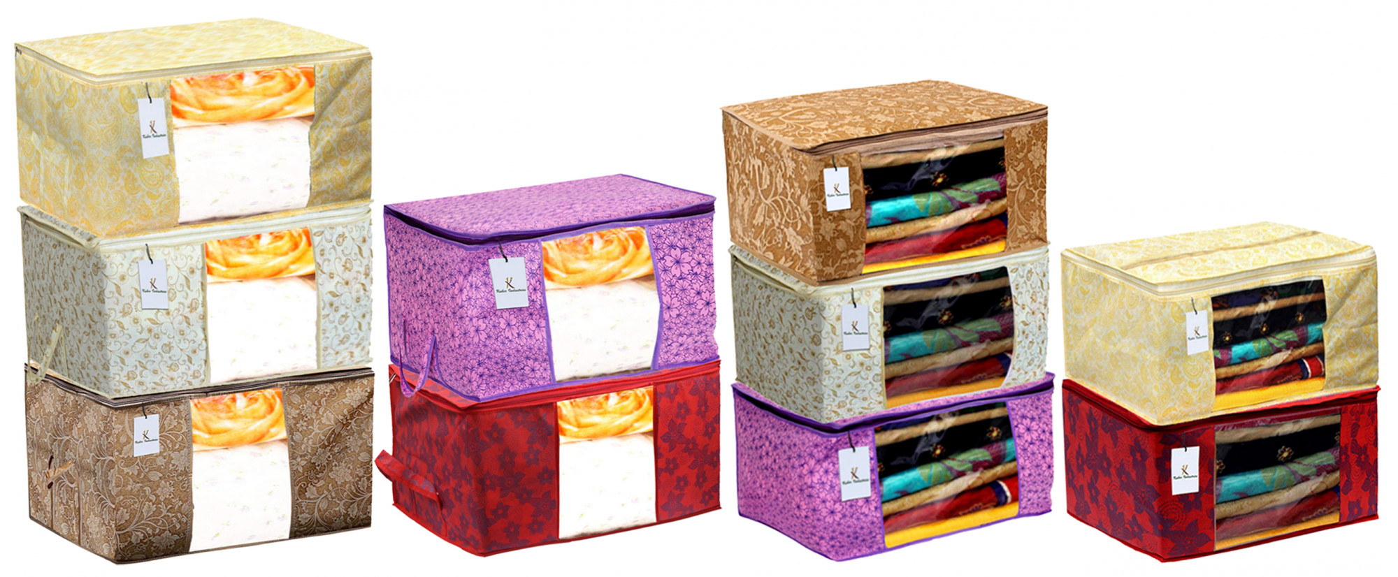 Kuber Industries Metalic Printed 5 Piece Non Woven Saree Cover And 5 Pieces Underbed Storage Bag, Storage Organiser, Blanket Cover, Red & Beige & Brown & Pink Purple & Gold  -CTKTC42451