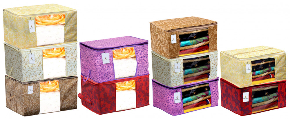 Kuber Industries Metalic Printed 5 Piece Non Woven Saree Cover And 5 Pieces Underbed Storage Bag, Storage Organiser, Blanket Cover, Red &amp; Beige &amp; Brown &amp; Pink Purple &amp; Gold  -CTKTC42451