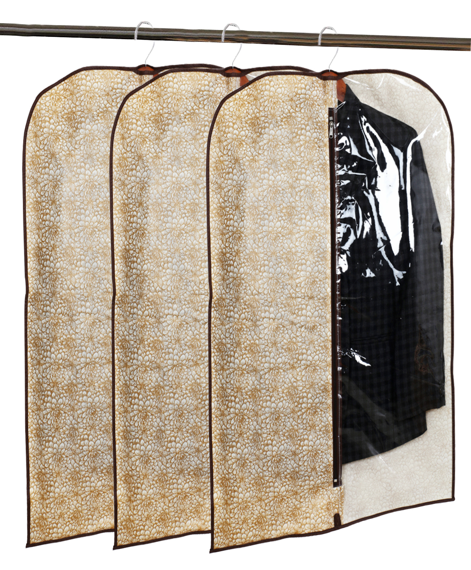 Kuber Industries Metalic Printed Half Transparent Non Woven Men's Coat Blazer Cover (Golden & Brown) -CTKTC38147