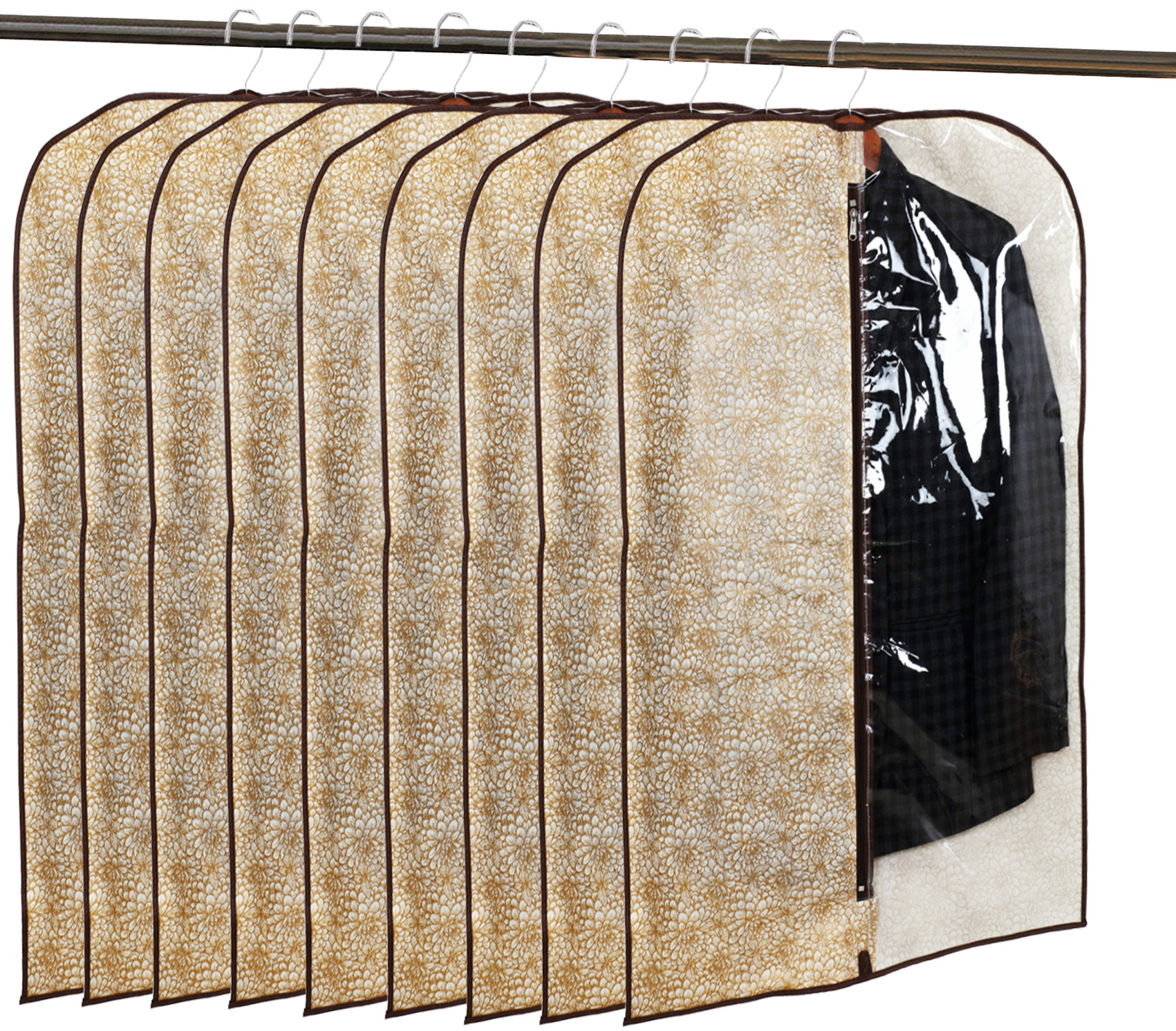 Kuber Industries Metalic Printed Half Transparent Non Woven Men's Coat Blazer Cover (Golden & Brown) -CTKTC38147