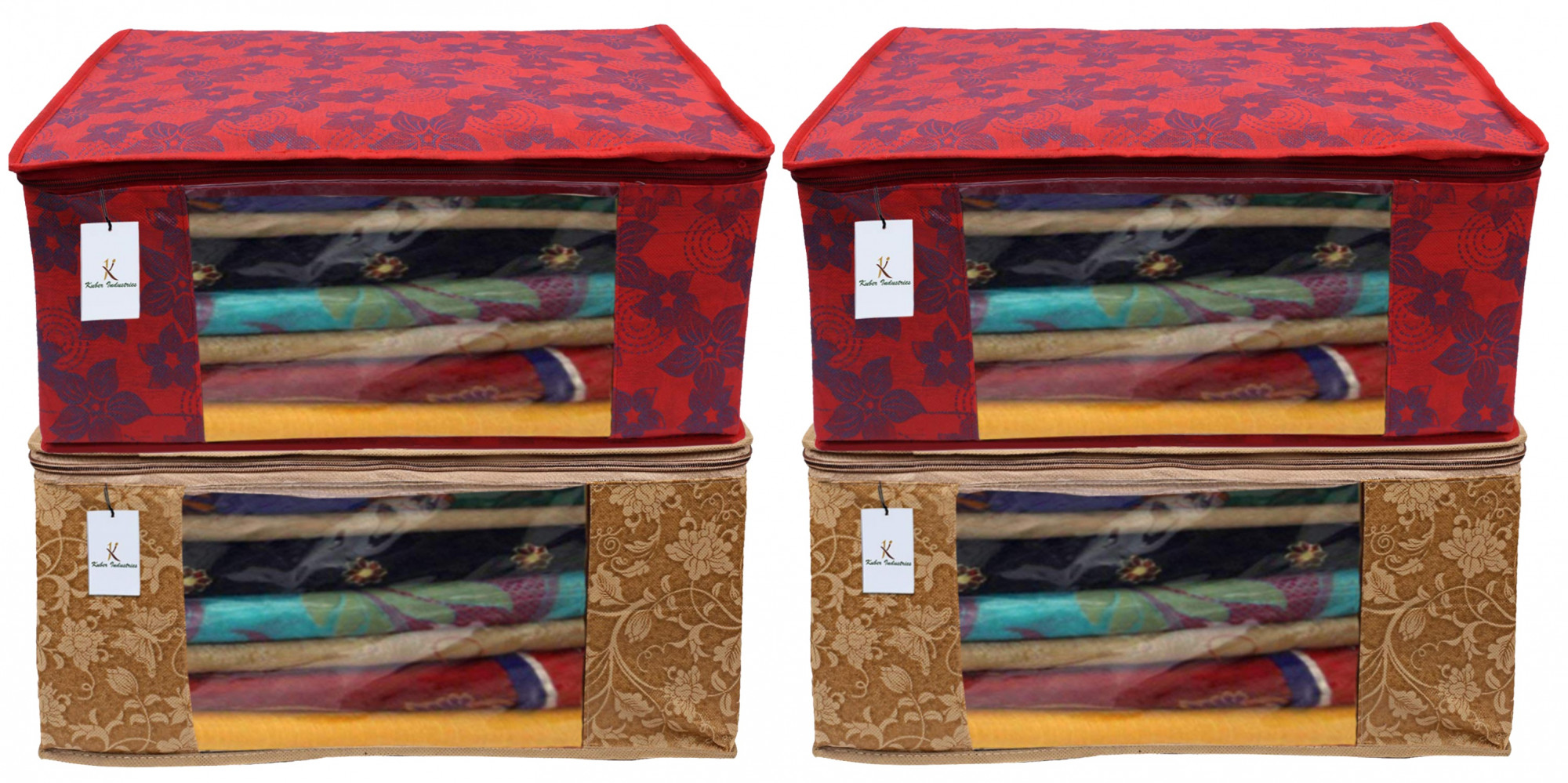 Kuber Industries Metalic Printed Non Woven Fabric Saree Cover Set with Transparent Window, Extra Large, Beige & Red -CTKTC40767