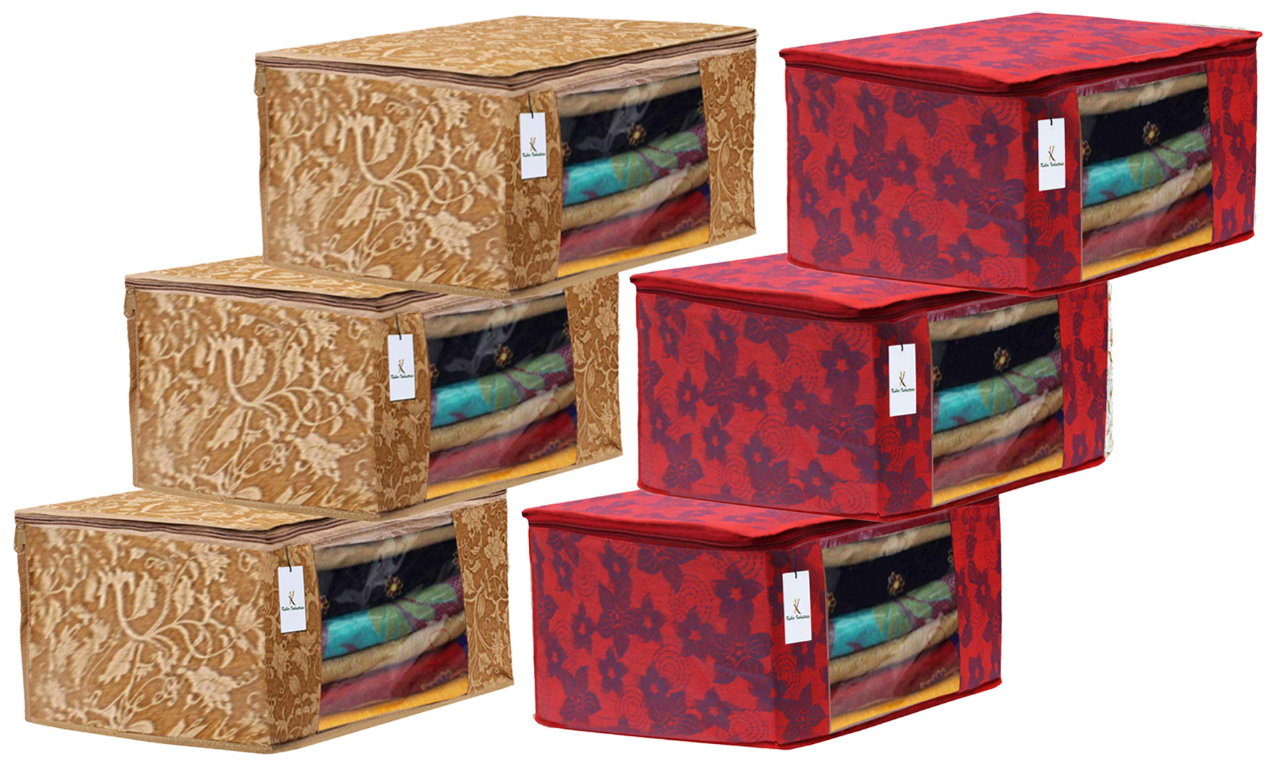 Kuber Industries Metalic Printed Non Woven Fabric Saree Cover Set with Transparent Window, Extra Large, Beige & Red -CTKTC40767