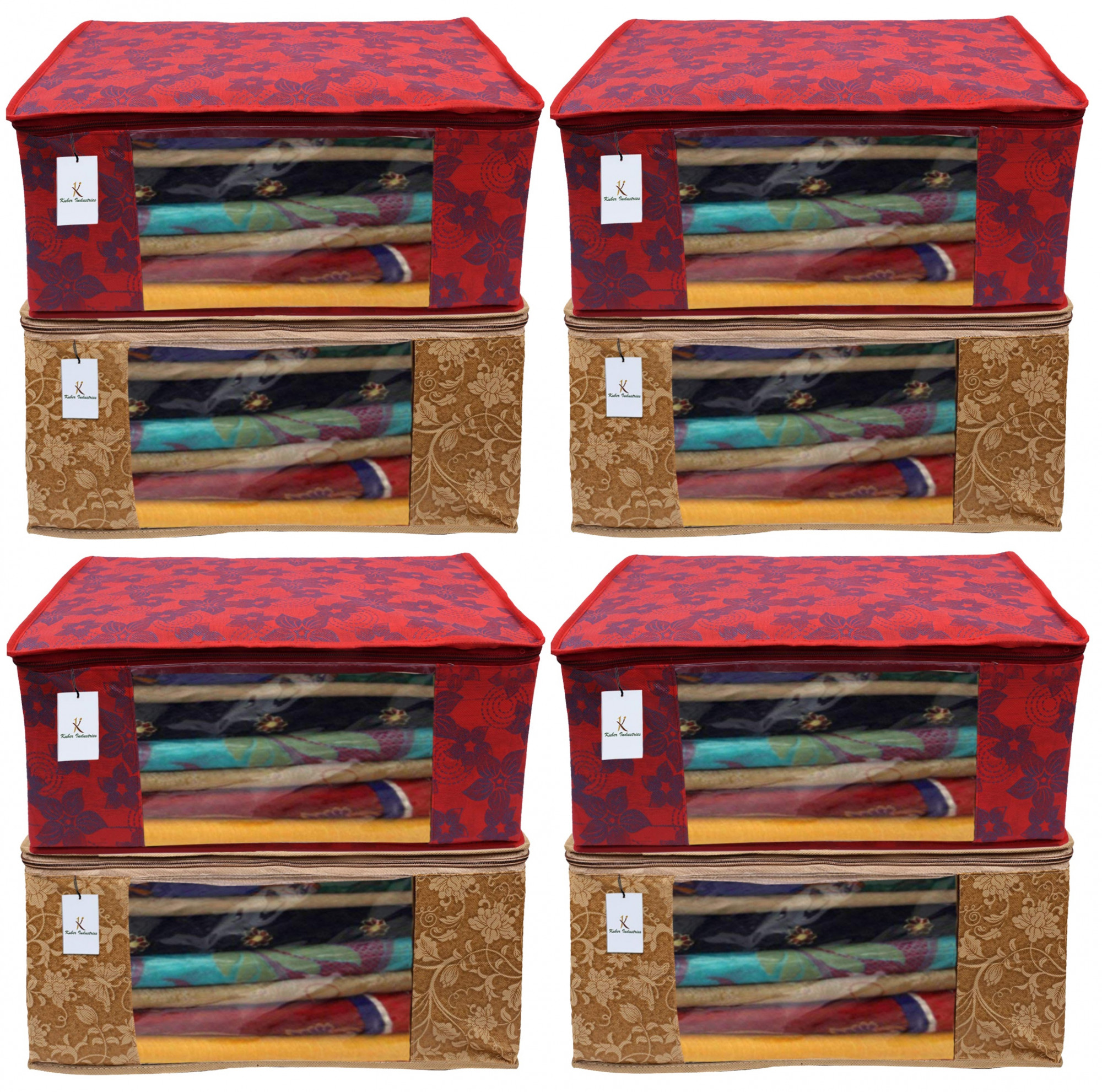 Kuber Industries Metalic Printed Non Woven Fabric Saree Cover Set with Transparent Window, Extra Large, Beige & Red -CTKTC40767