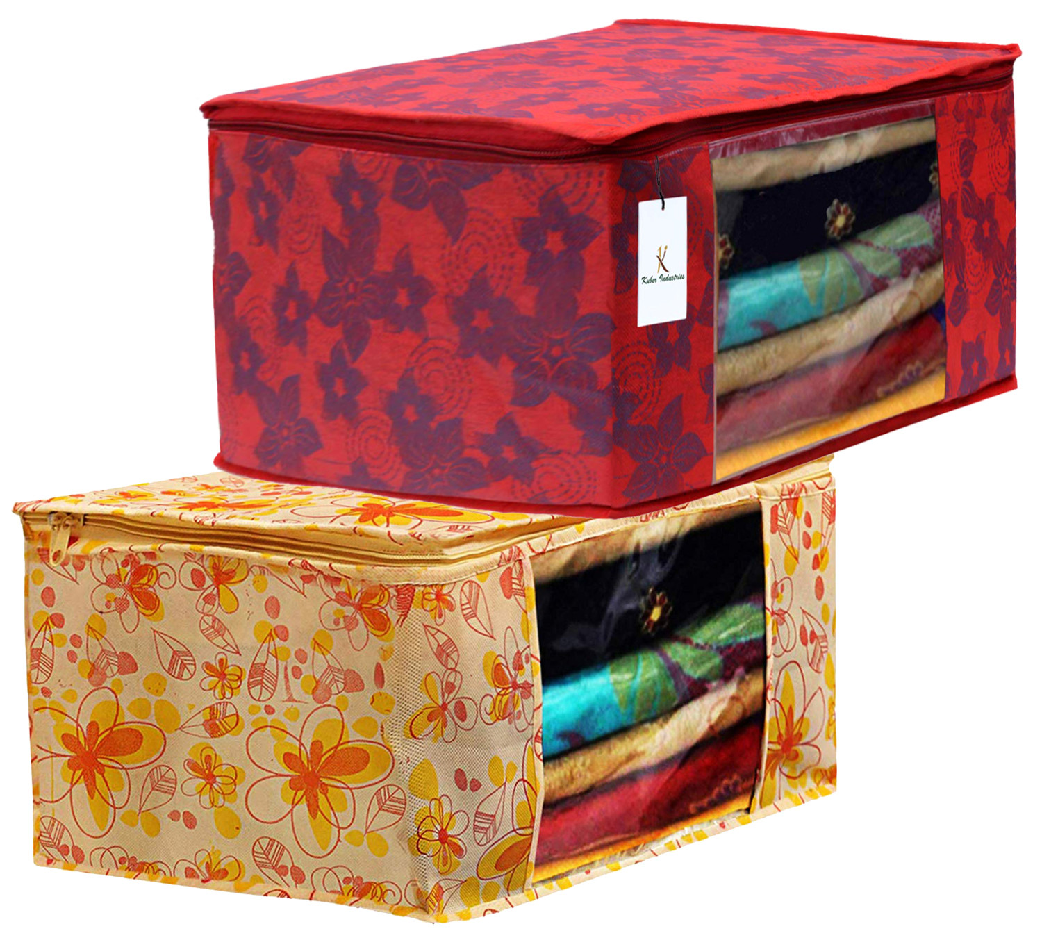 Kuber Industries Metalic Printed Non Woven Fabric Saree Cover Set with Transparent Window, Extra Large, Ivory Red & Red -CTKTC40769