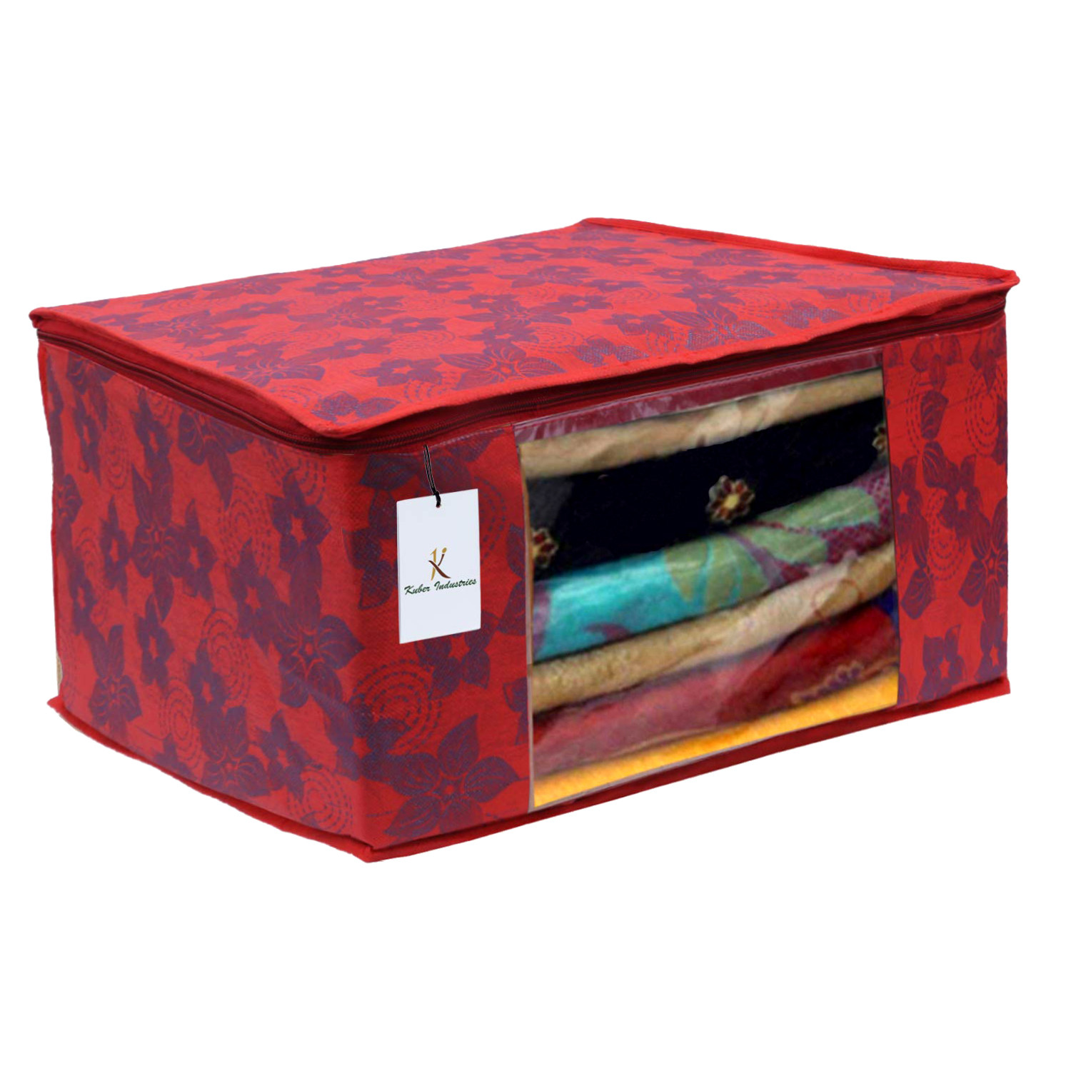 Kuber Industries Metalic Printed Non Woven Fabric Saree Cover Set with Transparent Window, Extra Large, Ivory Red & Red -CTKTC40769
