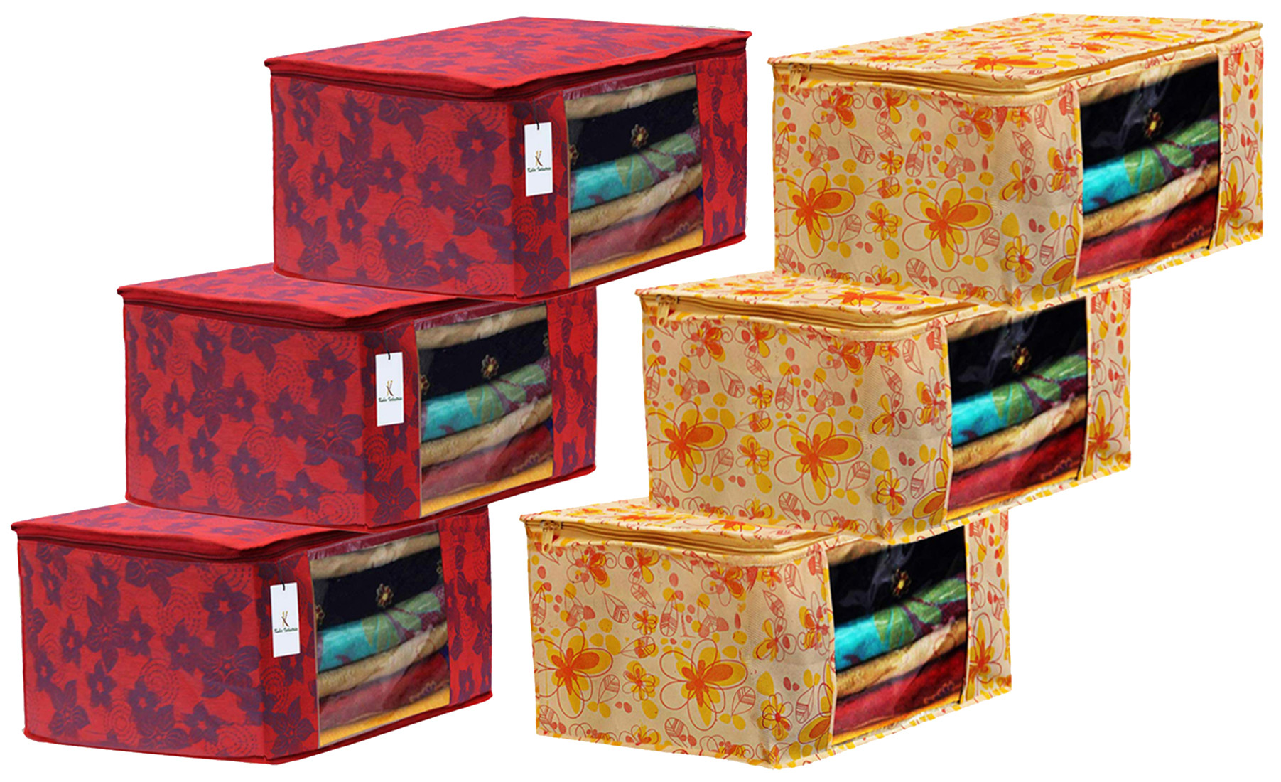 Kuber Industries Metalic Printed Non Woven Fabric Saree Cover Set with Transparent Window, Extra Large, Ivory Red & Red -CTKTC40769